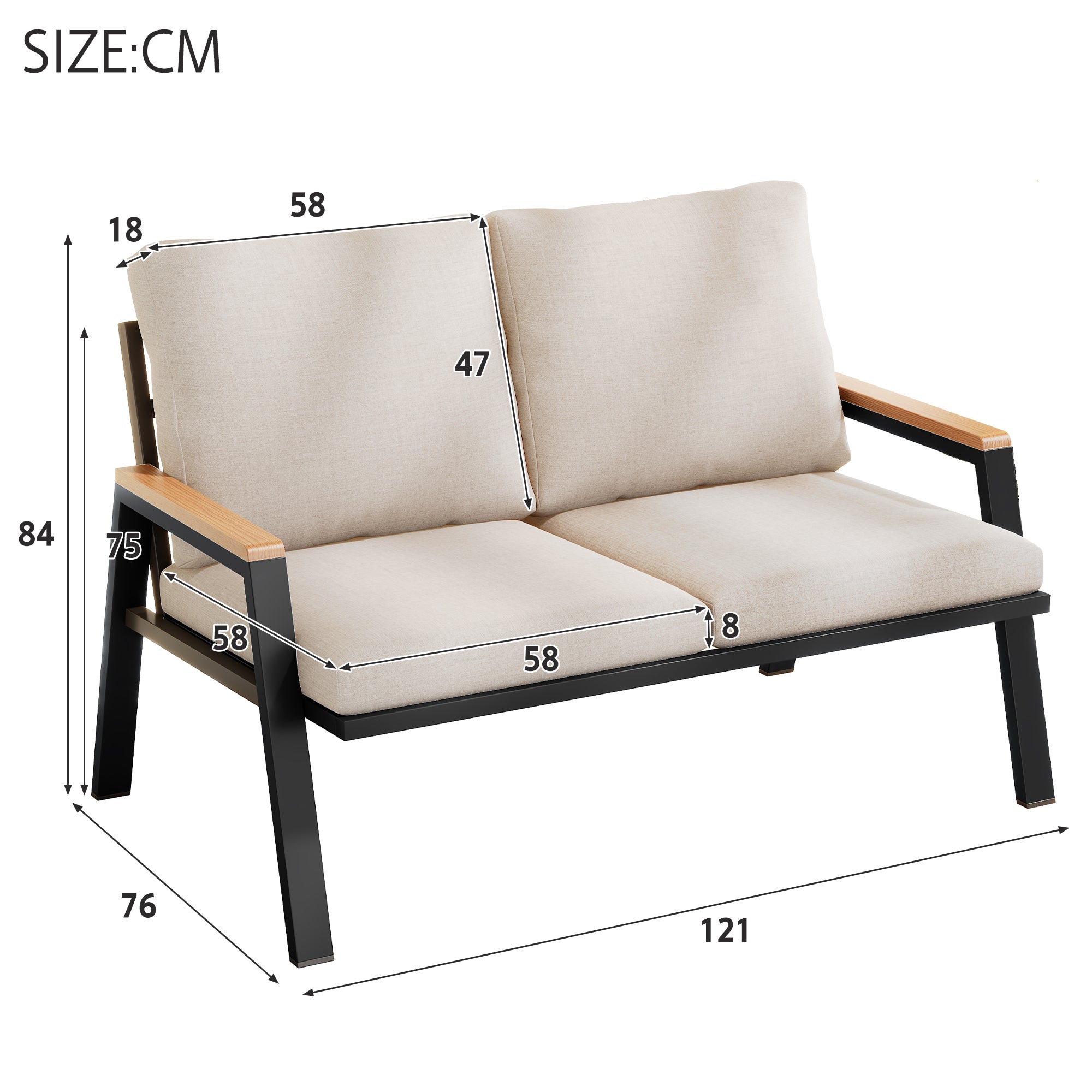 Garden Furniture Set, 2-Seater Outdoor Sofa with Wood-Plastic Composite Handrails, Grey-Beige Galvanized Steel