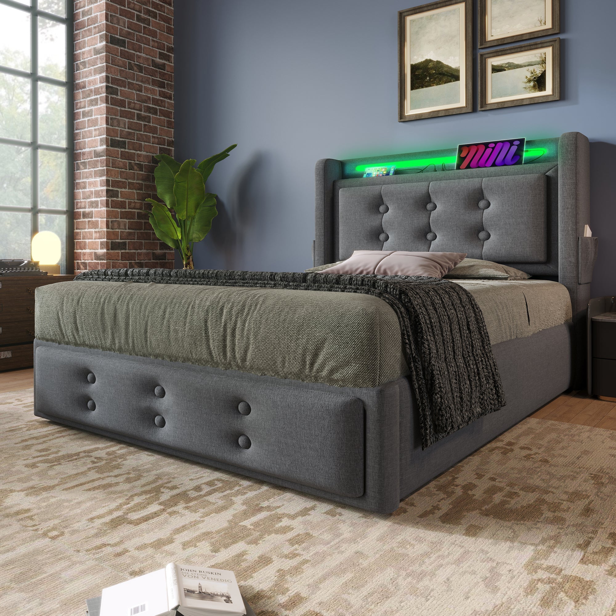 Upholstered Bed 90x200 Single Hydraulic LED/USB-C Grey Cotton