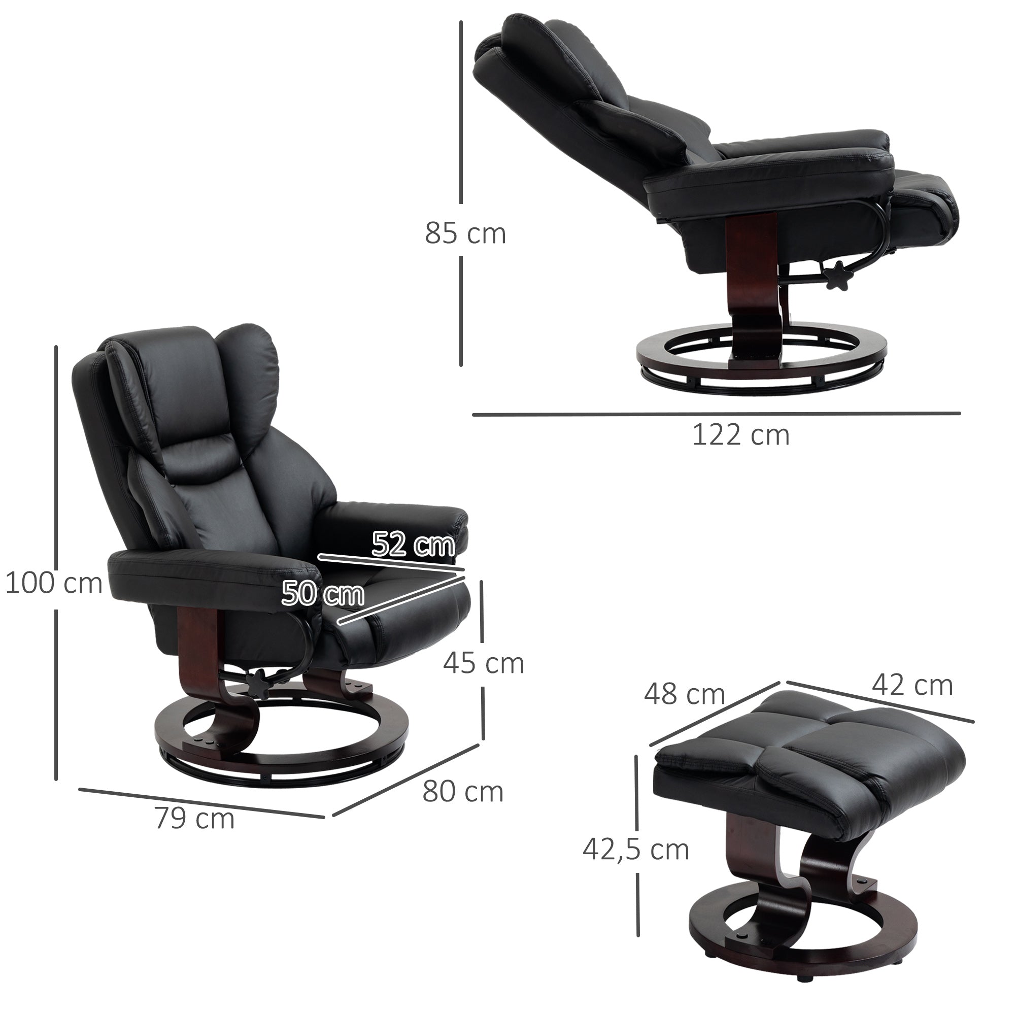 Reclining Armchair with Footstool, Swivel TV Armchair Faux Leather Black