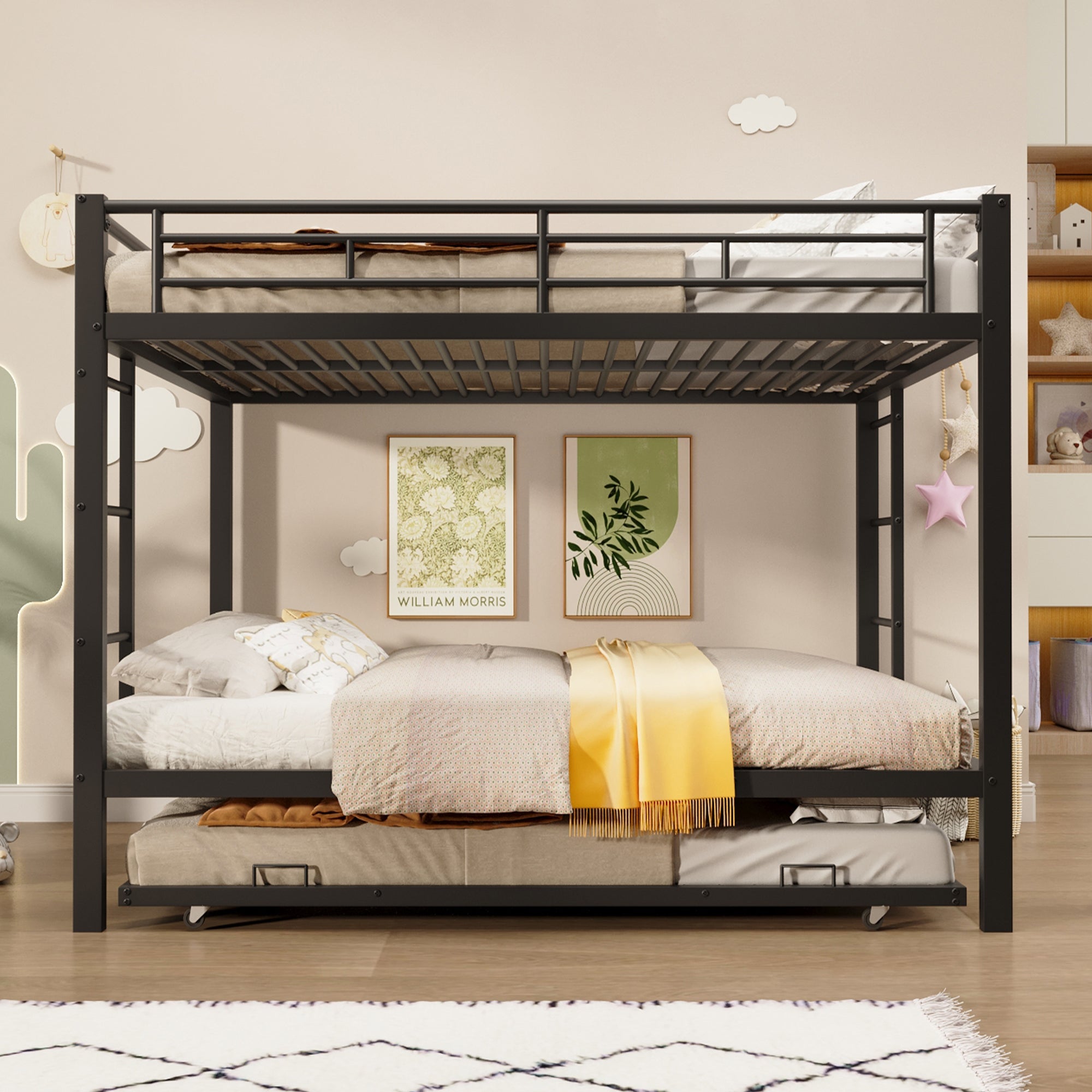 140*200cm Bunk Bed with Pull-out Bed and High Railings, Iron, Black