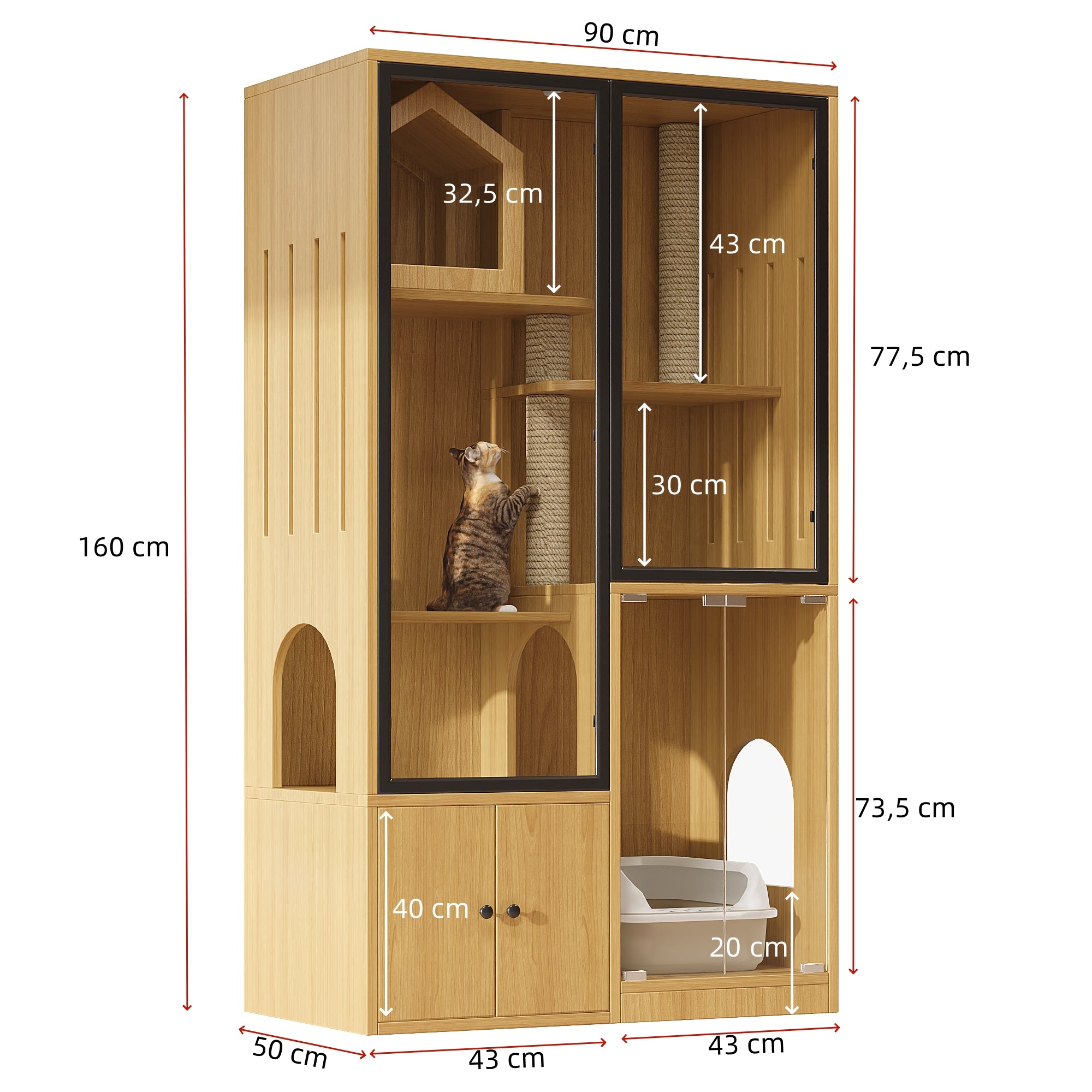 Cat House 4-Story Glass 90x50x160cm with Scratching Post - Yellow Maple Wood