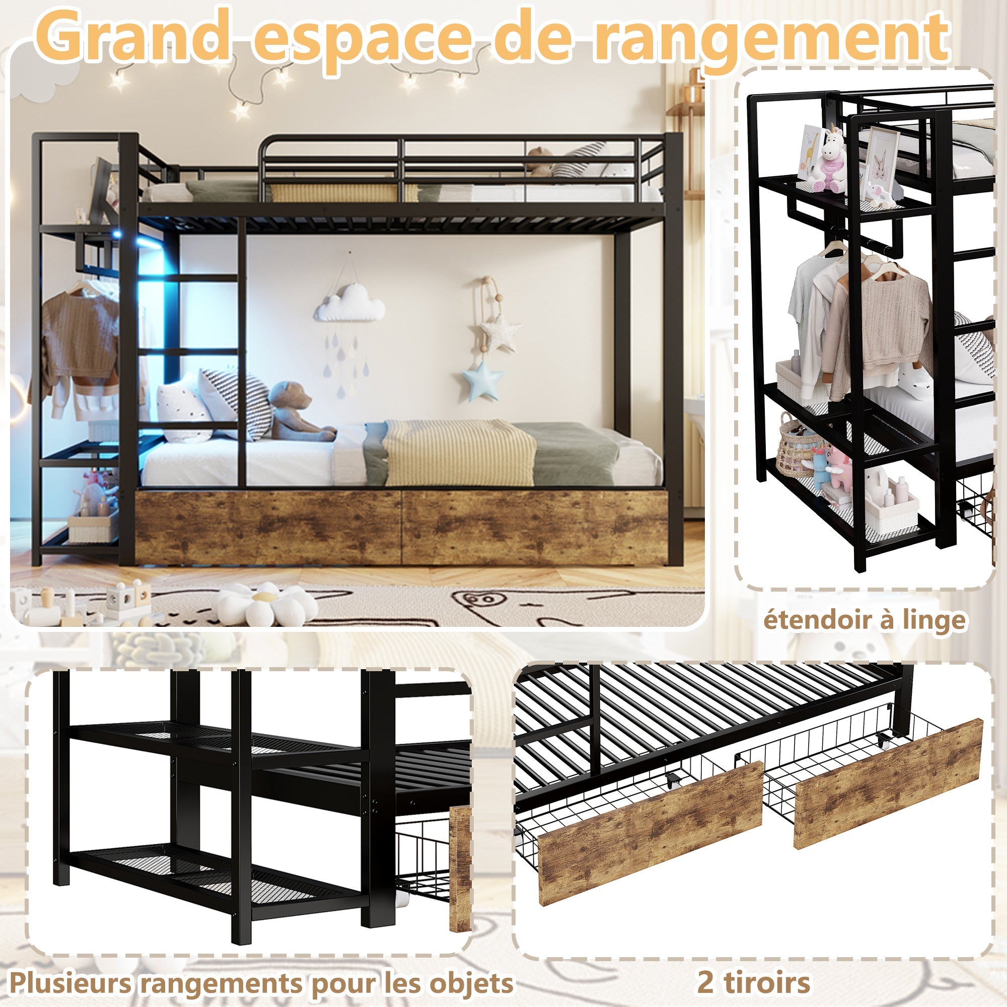 Bunk Bed with 2 Drawers, Shelves, LED and Clothes Rail, 90x200cm, Black Iron Frame