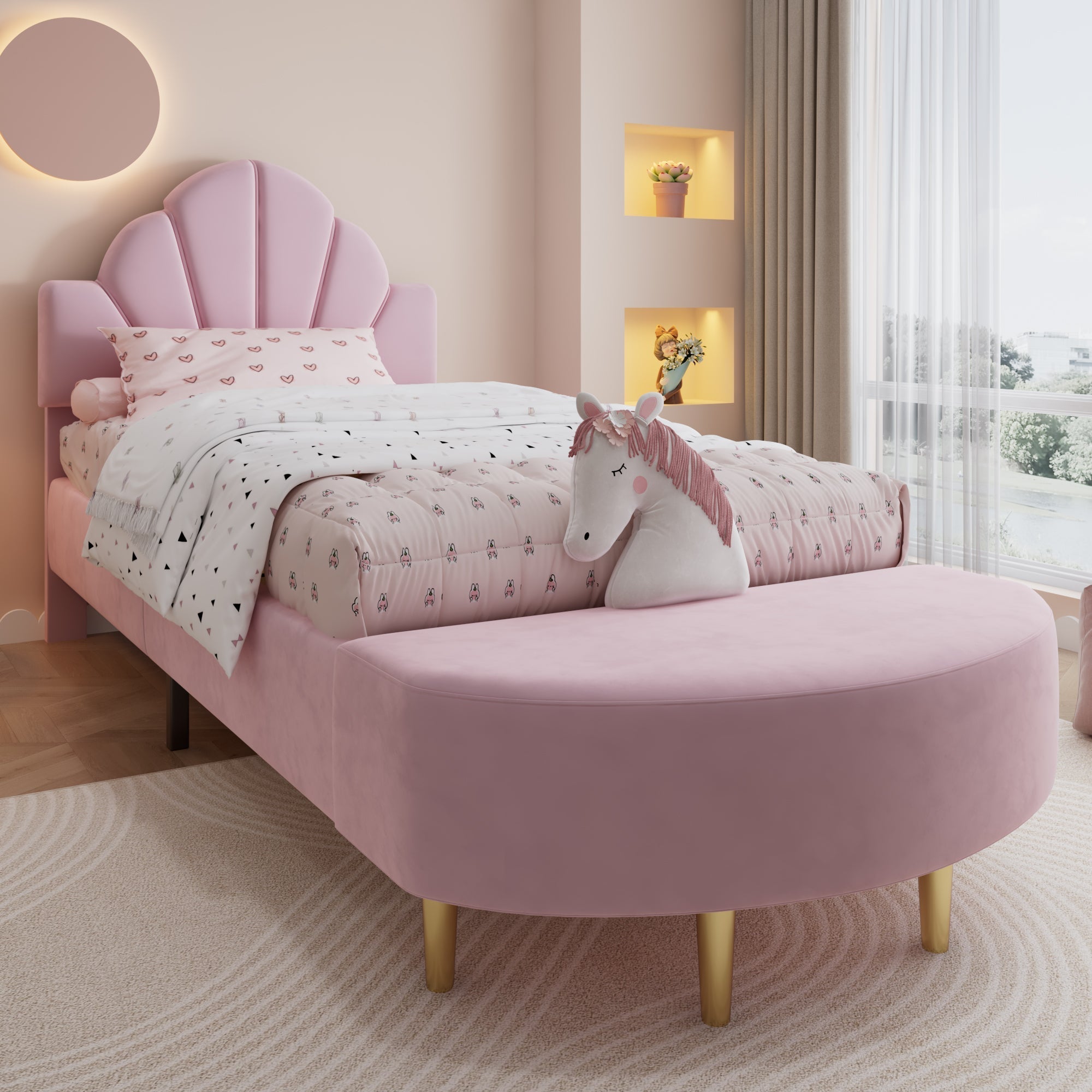 Upholstered Single Bed 90x200cm Velvet Headboard Matching Bench - Pink Velvet