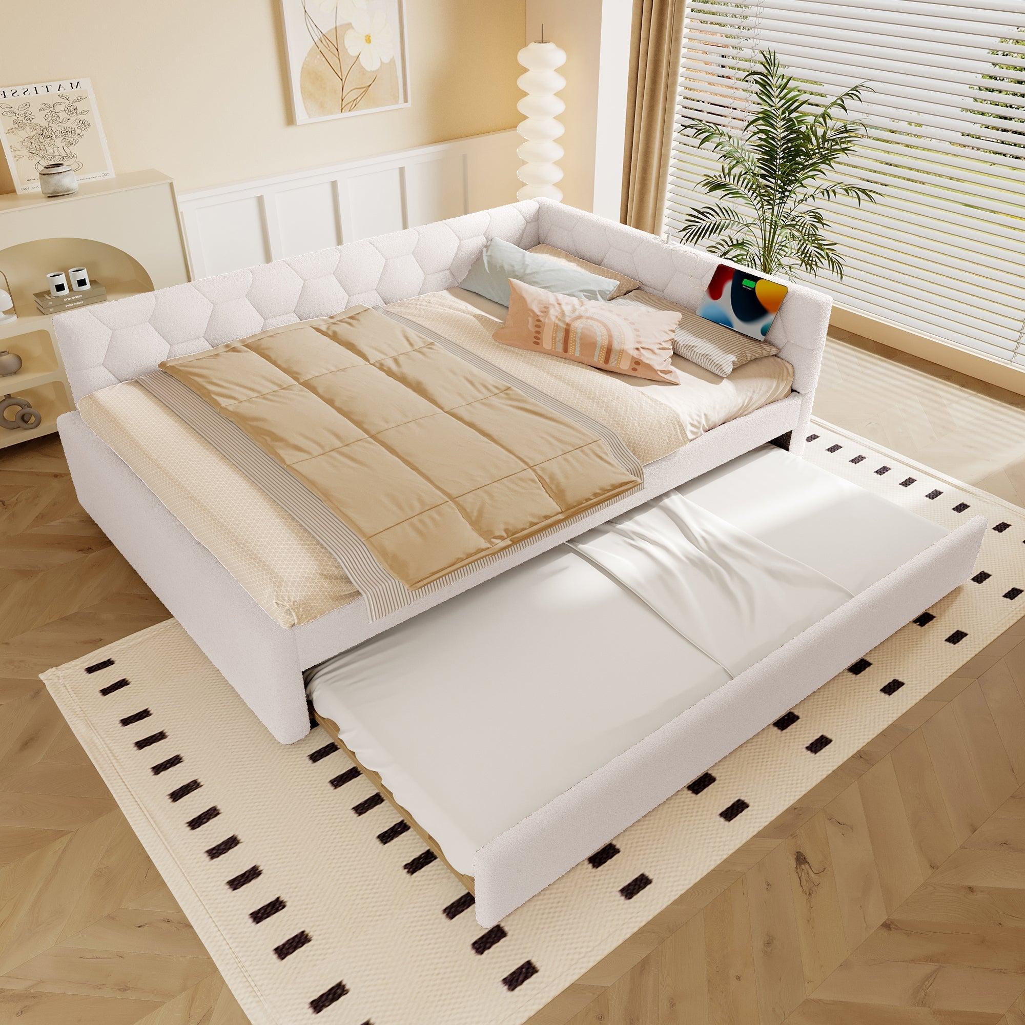 Daybed Sofa Bed 140x200cm Pull-Out Bed with Lamp & USB/Type-C Port Fleece Imitation White