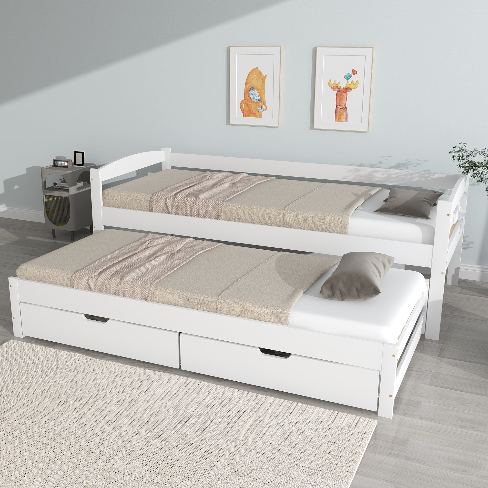 Daybed Single/Double Sliding Bed with 2 MDF Drawers, Solid Wood Frame, White