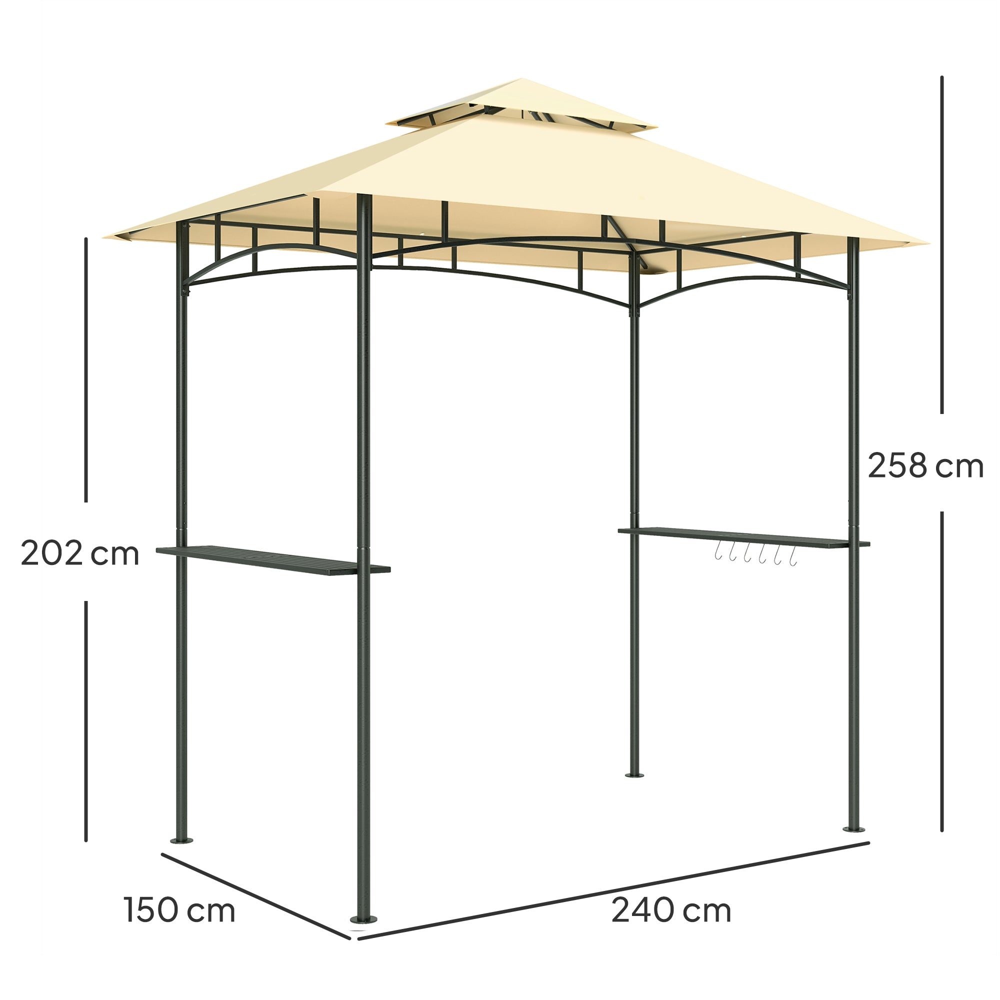 8' x 5' Grill Gazebo Double Tiered BBQ Shelter Canopy LED Lights Side Shelves Hooks Beige
