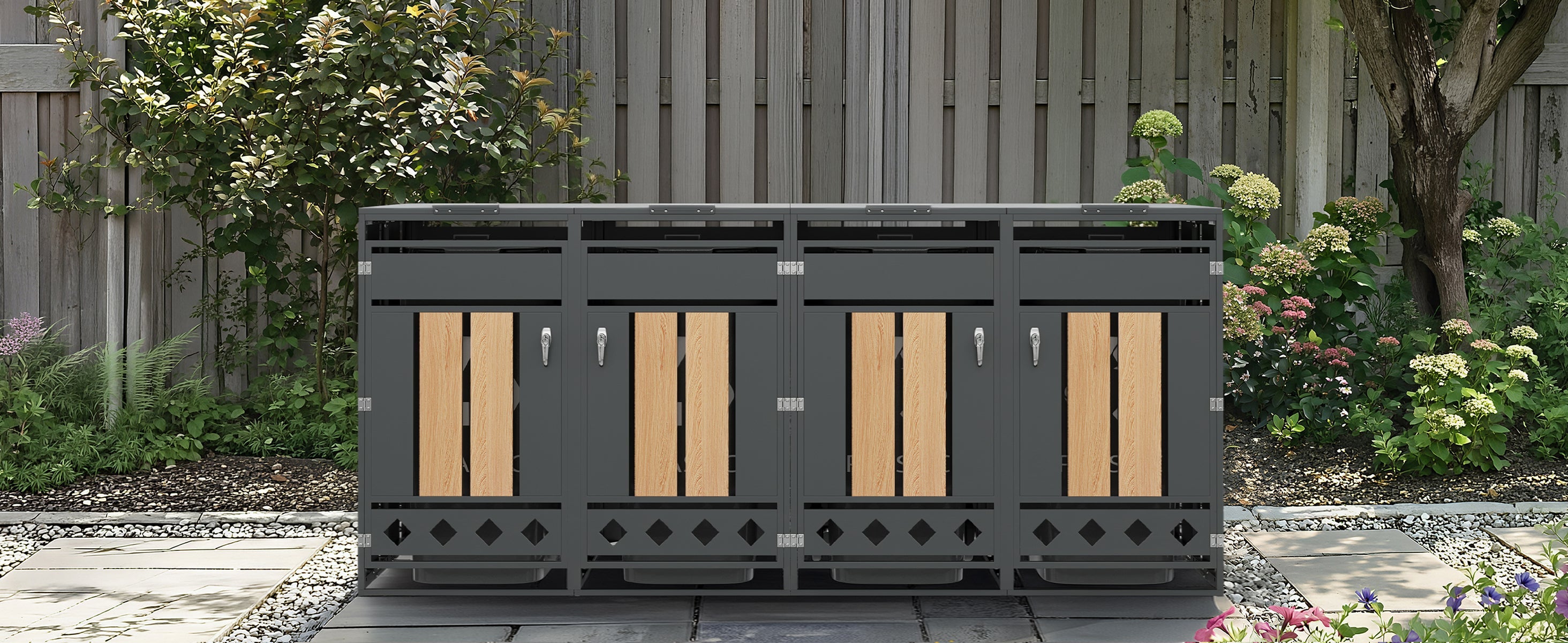 Bin Storage Unit with Hinged Lid, Lockable and 4 Doors, Wood Grain