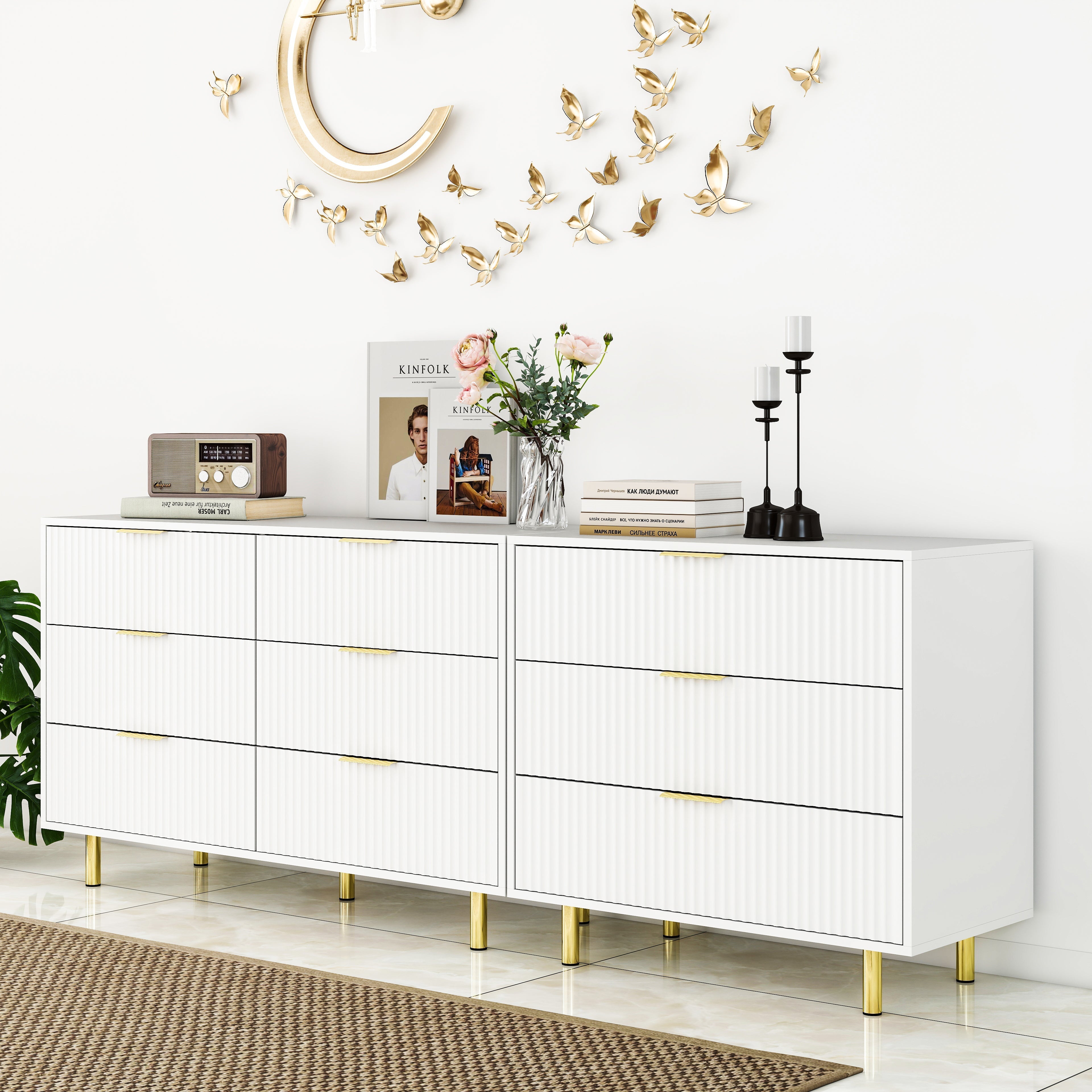 Modular Drawer Unit with 9 Drawers and Modern Sideboard Set, White and Gold