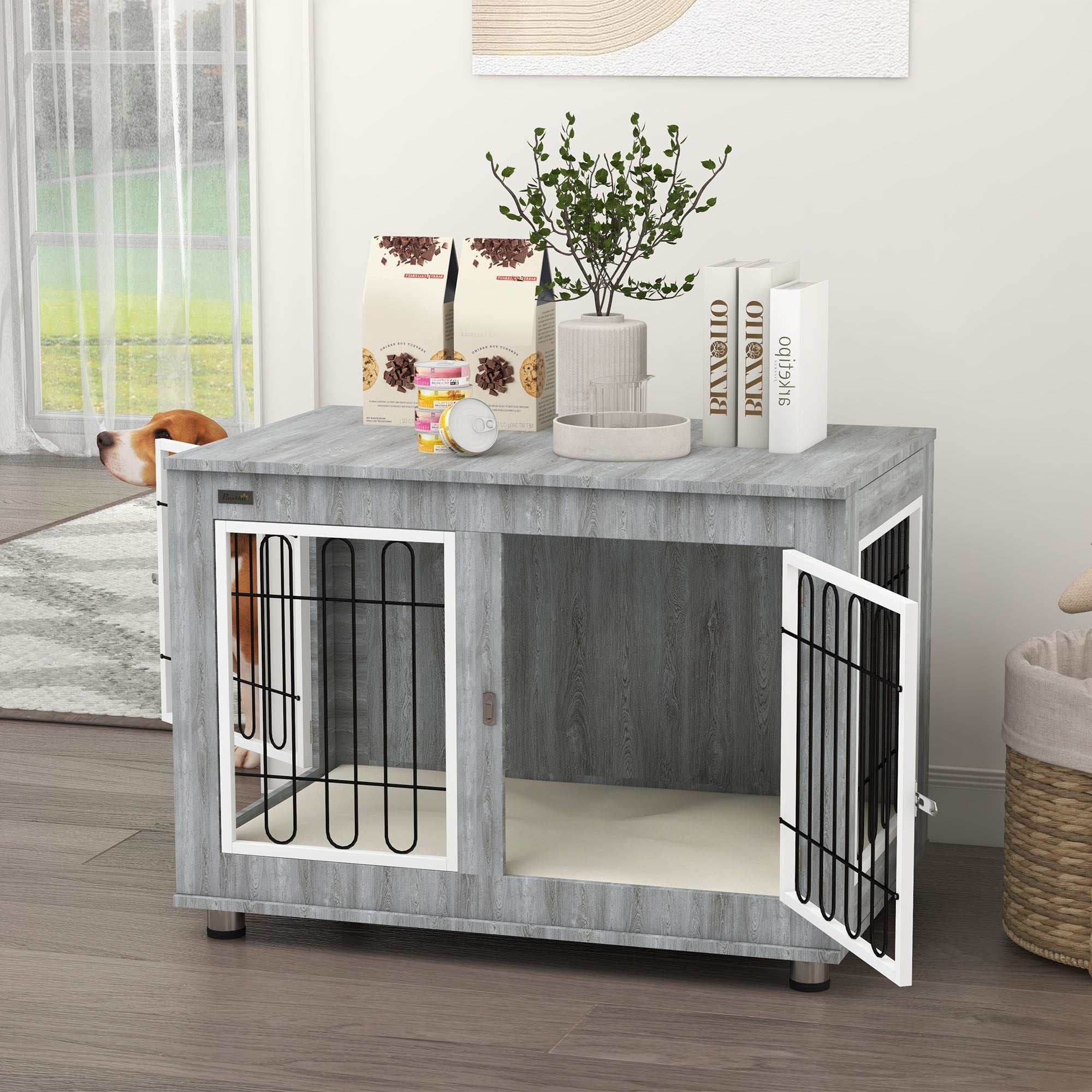 Dog Cage, Pet Crate with Cushion, 2 Locks, Grey
