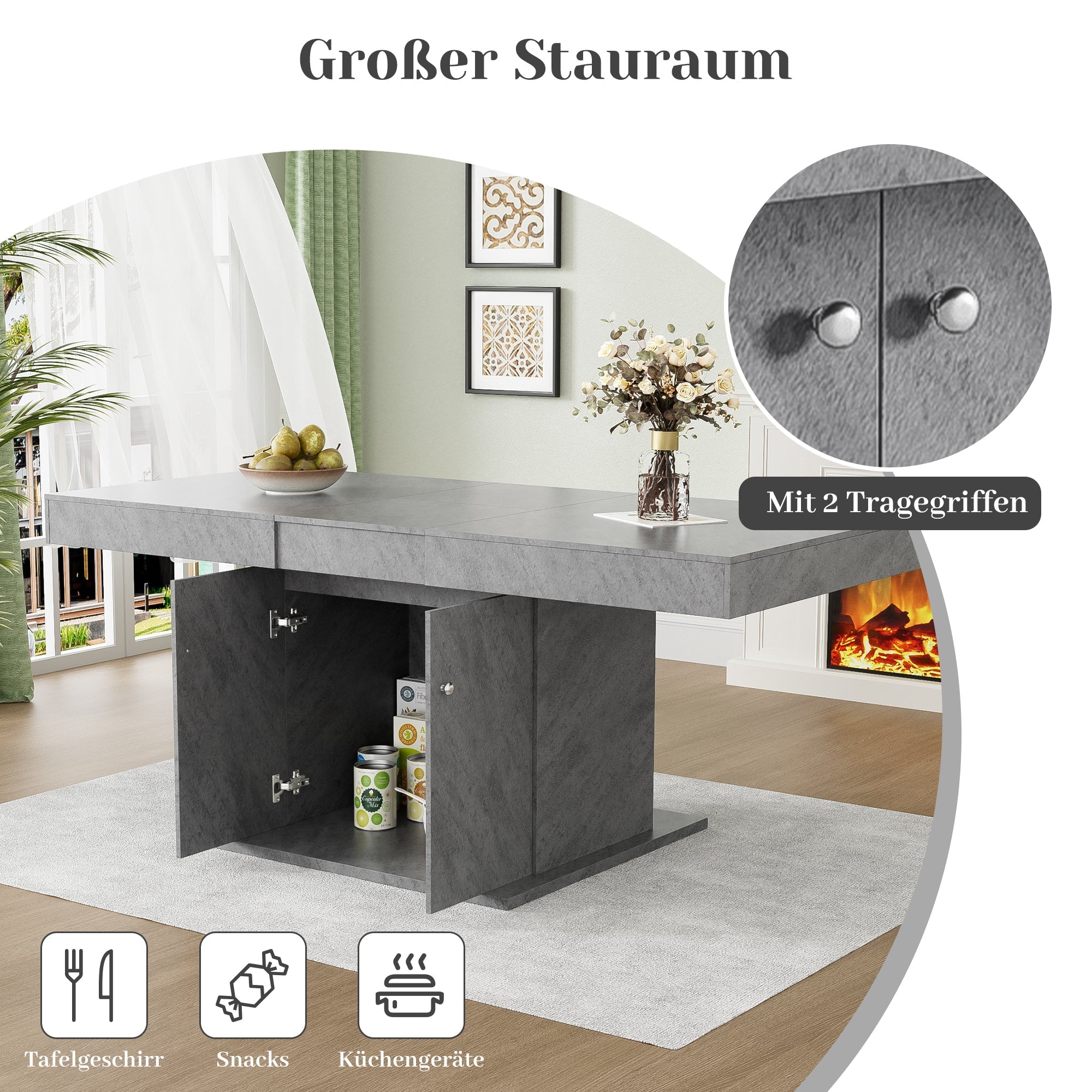 Extendable Dining Table Automatic Telescopic Storage 140/180x80cm - Concrete Look