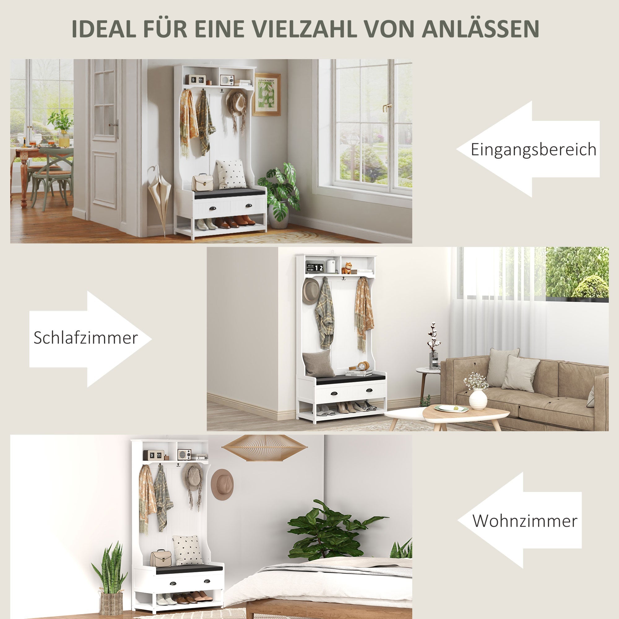 2-in-1 Coat Rack & Wardrobe, Shoe Bench, 4 Hooks, Anti-Tip Protection, White+Grey