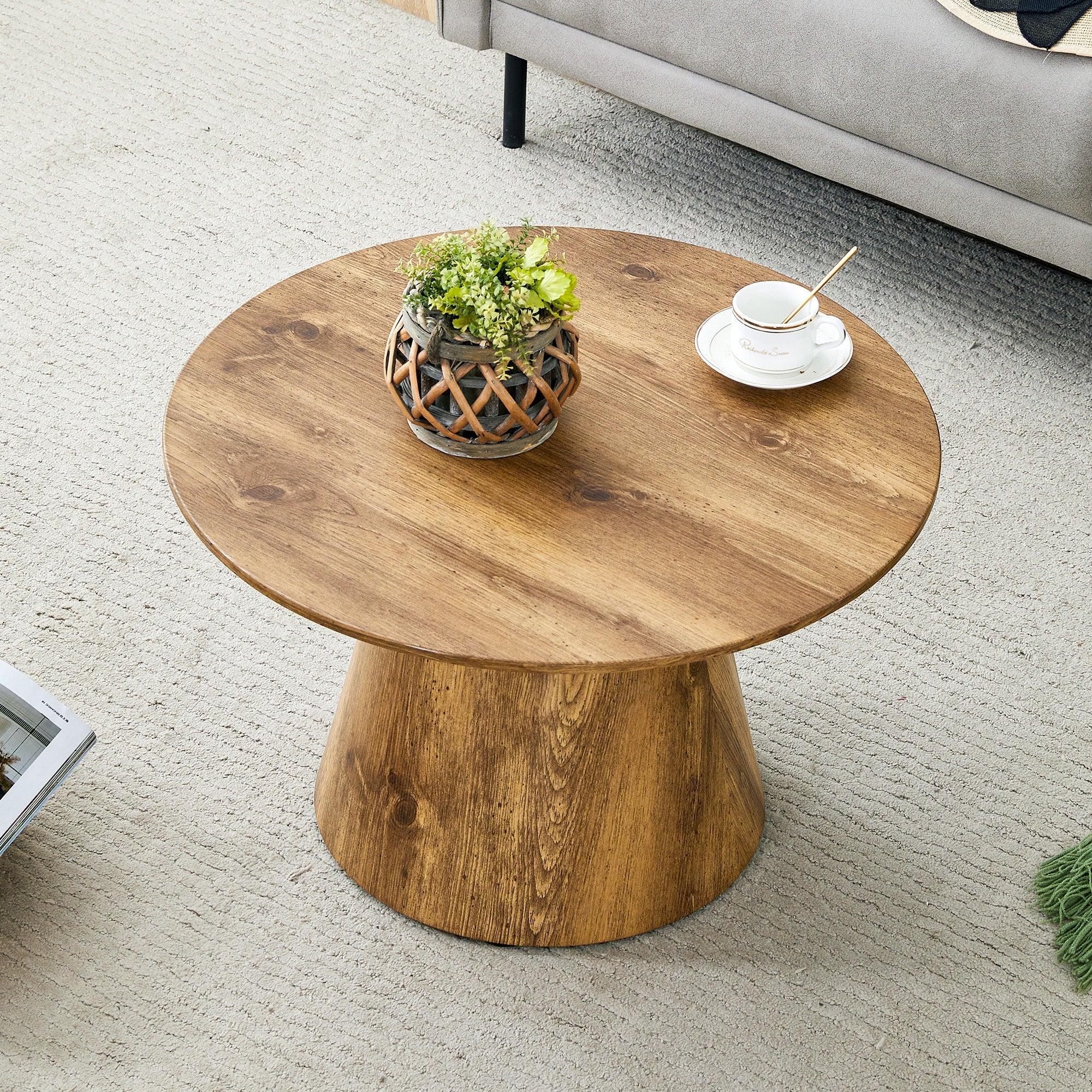 Set of 2 Round Coffee Tables, High and Low Nesting Stool Side Tables, Natural Wood Look MDF
