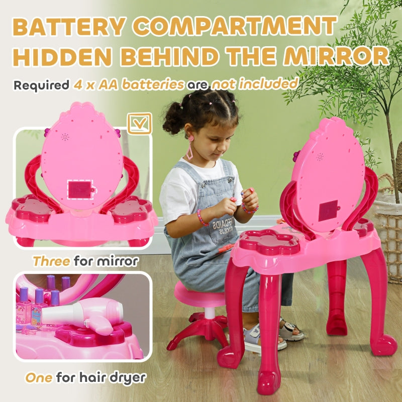 Kids Dressing Table with Mirror, Stool, Light, Music, 15 Accessories, Pink