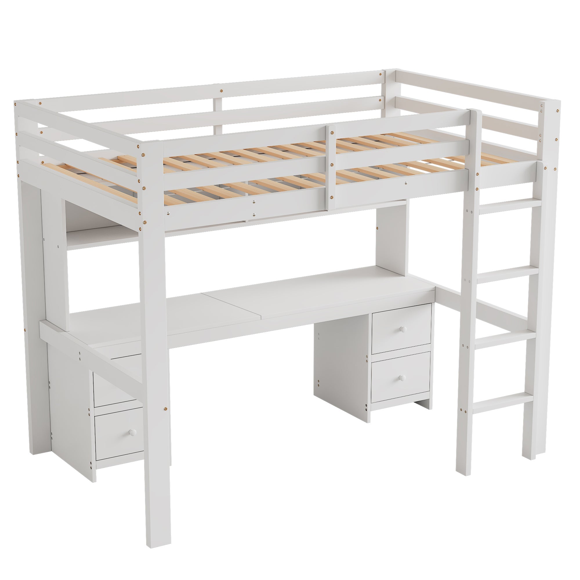 Loft Bed for Children with Desk and Storage, 90x200cm, White Pine Wood