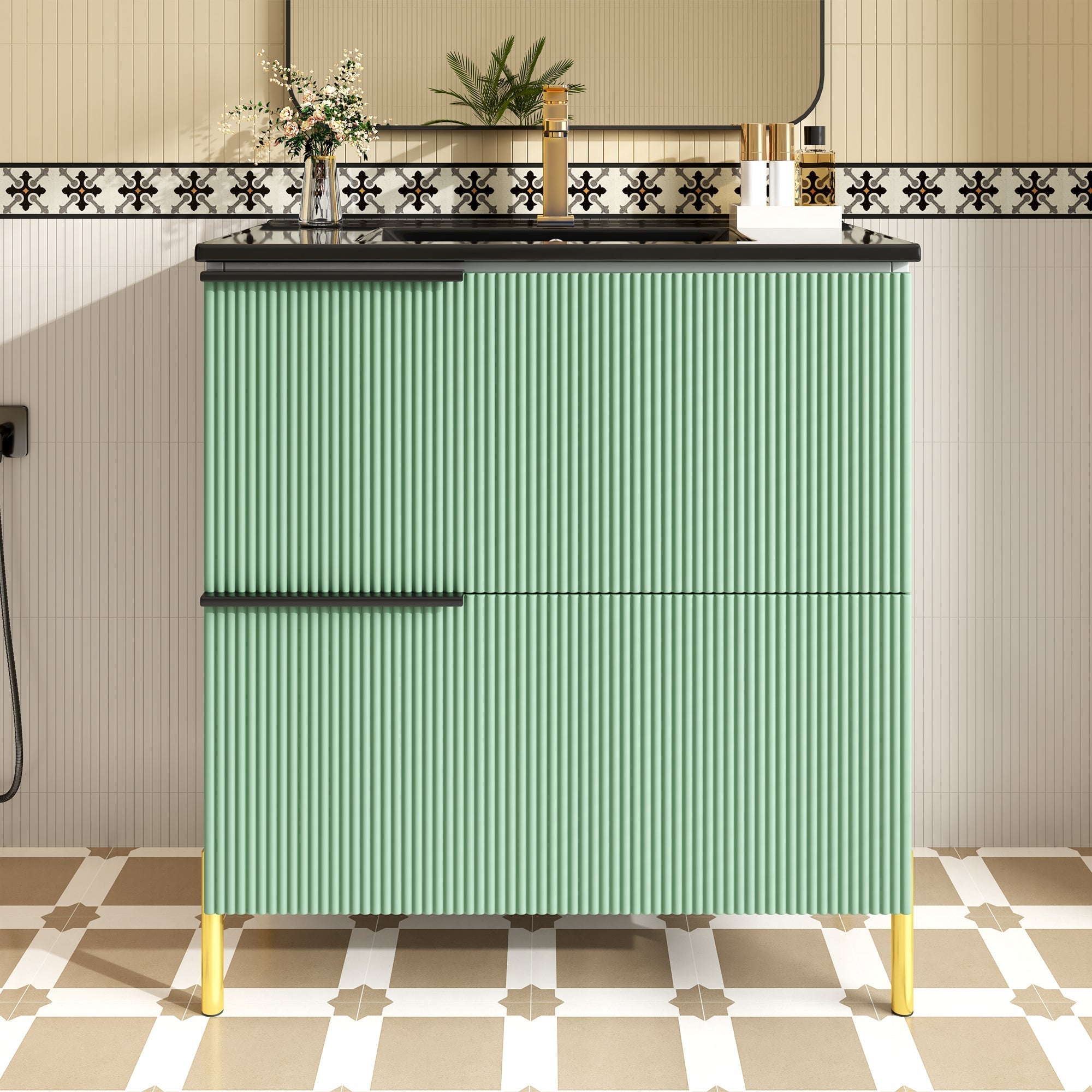 Bathroom Vanity Unit with Ceramic Sink and Storage Drawers, Green