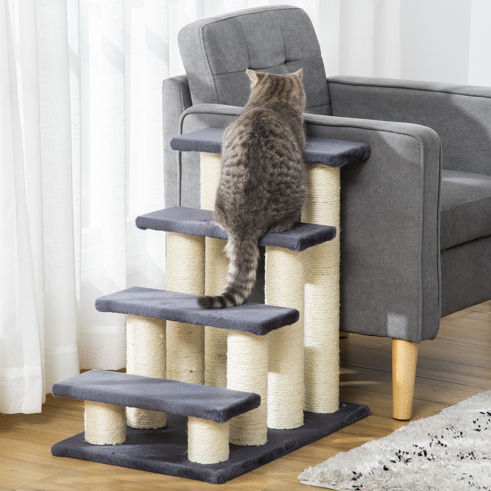Haustiertreppe 4-Stufen Hund & Katze, weicher Plüsch, Grau