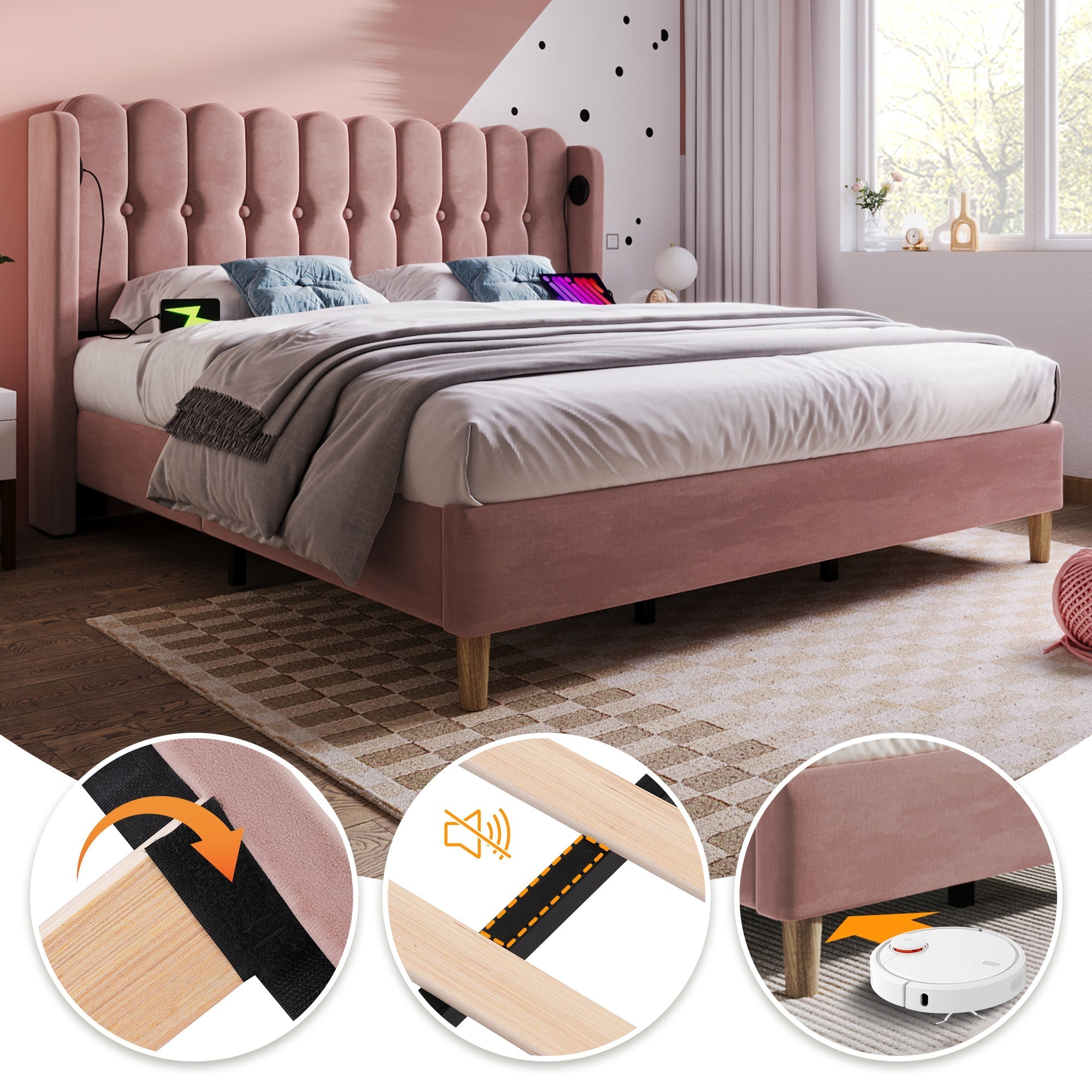 Upholstered Double Bed with USB and Type-C Charging, Pink, Velvet Material