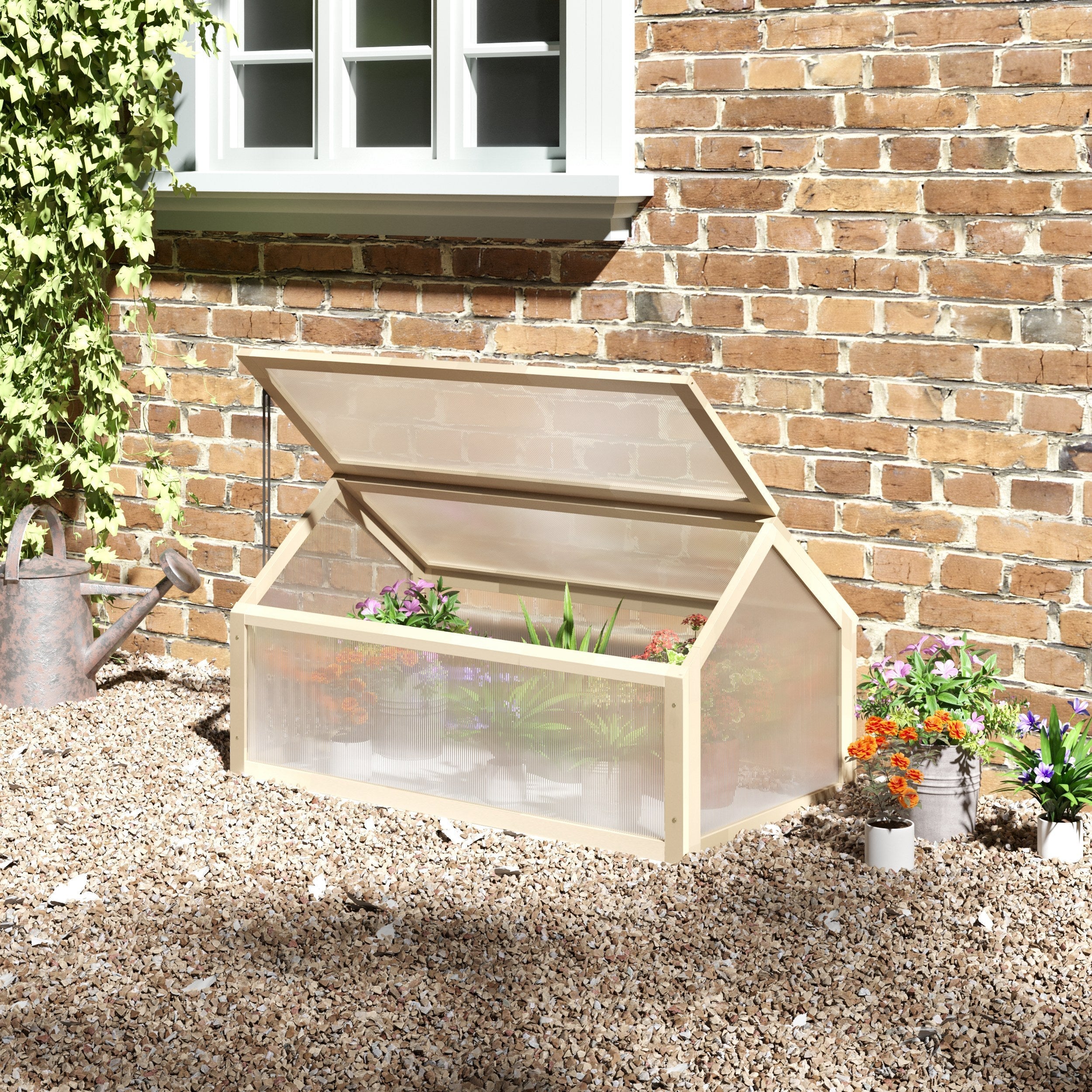 Wooden Cold Frame Mini Greenhouse 90x52x49.5cm Winterproof Raised Bed, Natural Wood