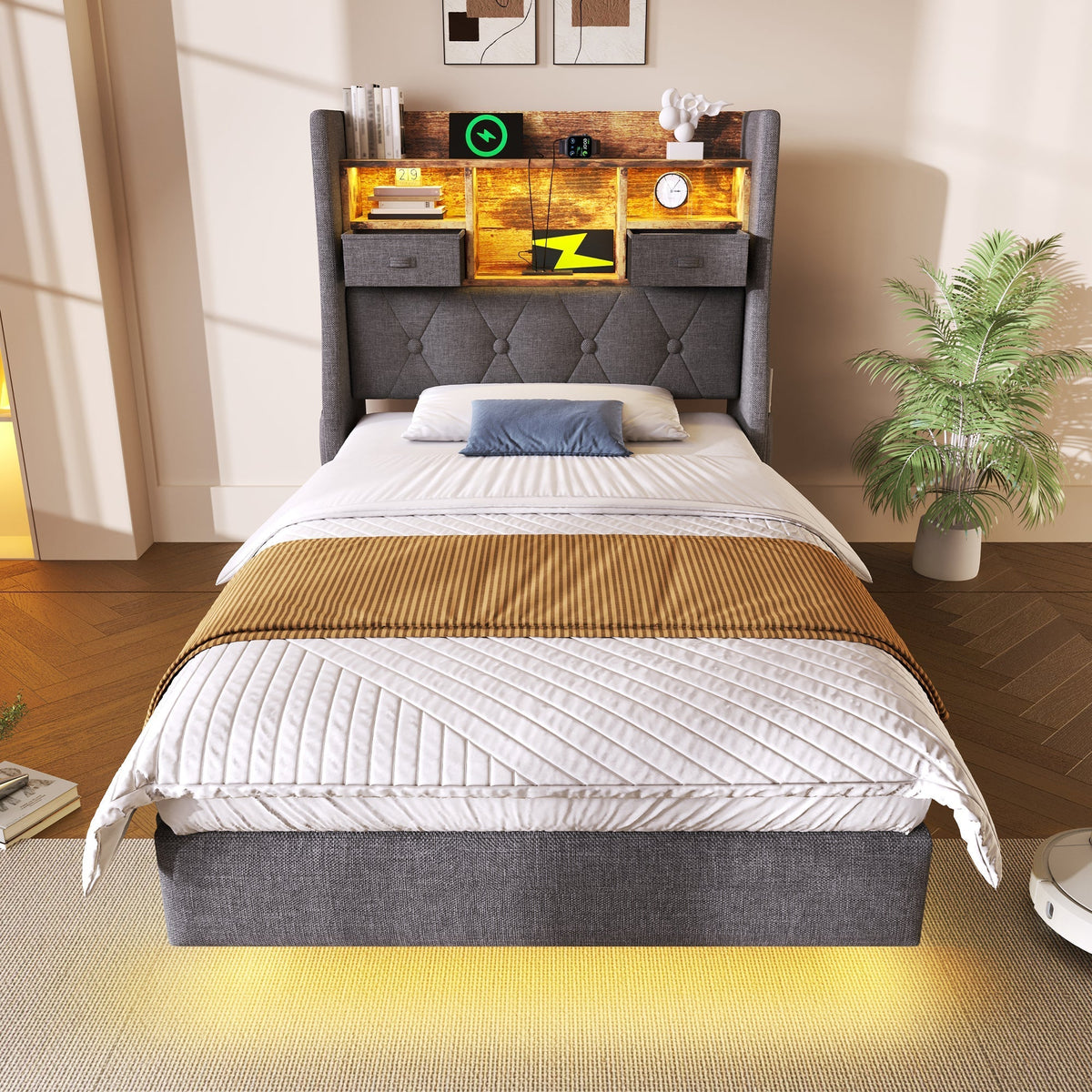 Upholstered Single Bed 90x200cm Floating Design LED Charging Station Storage, Linen Grey