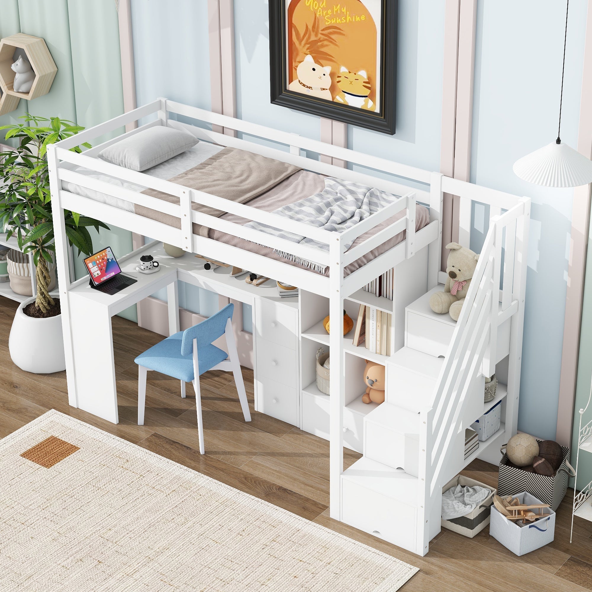 Loft Bed 90x200cm Desk Drawers Storage Stowable Ladder EN 747 Certified White