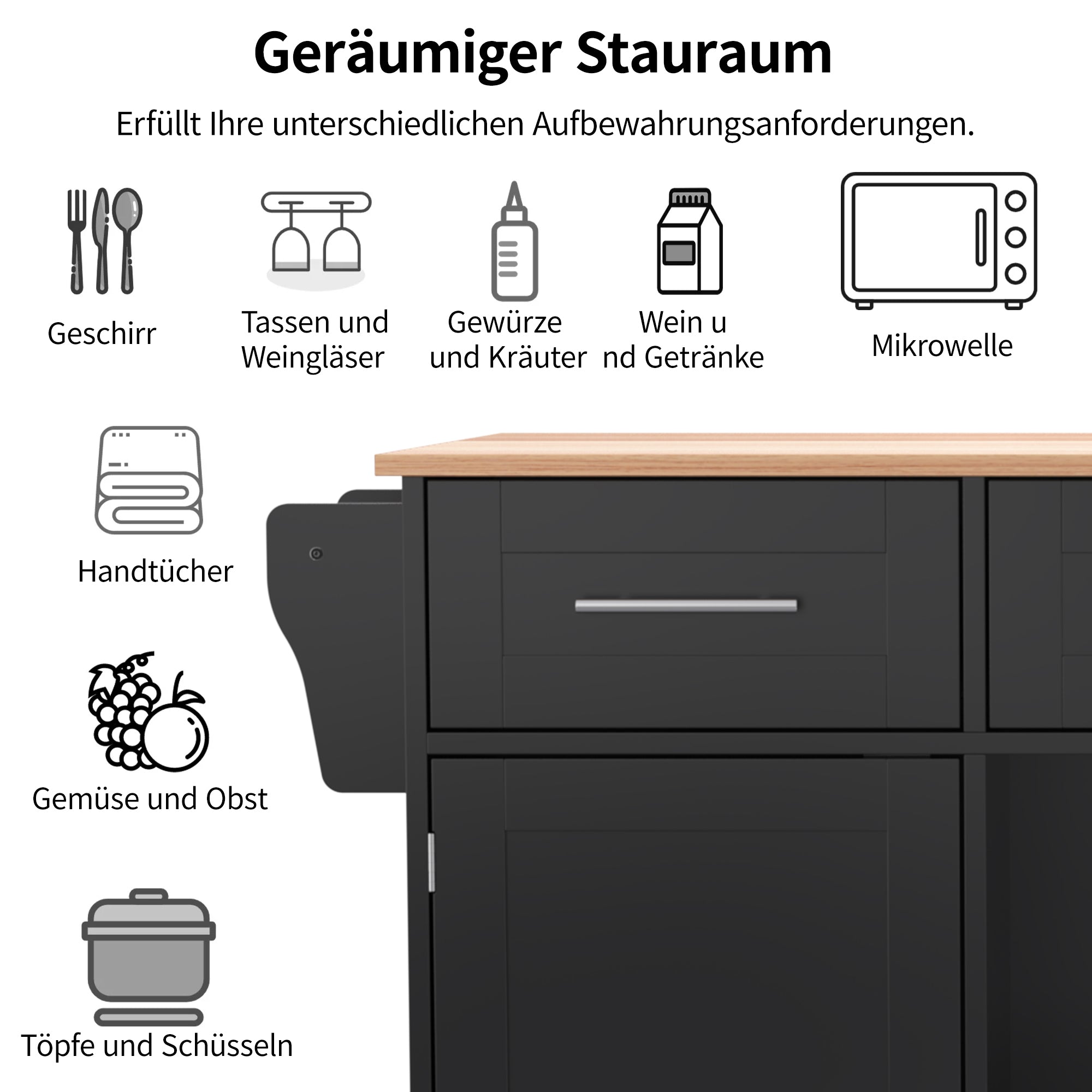 Dining Trolley/Sideboard with Fold-Down Worktop and Storage Casters, Black Solid Wood Grain