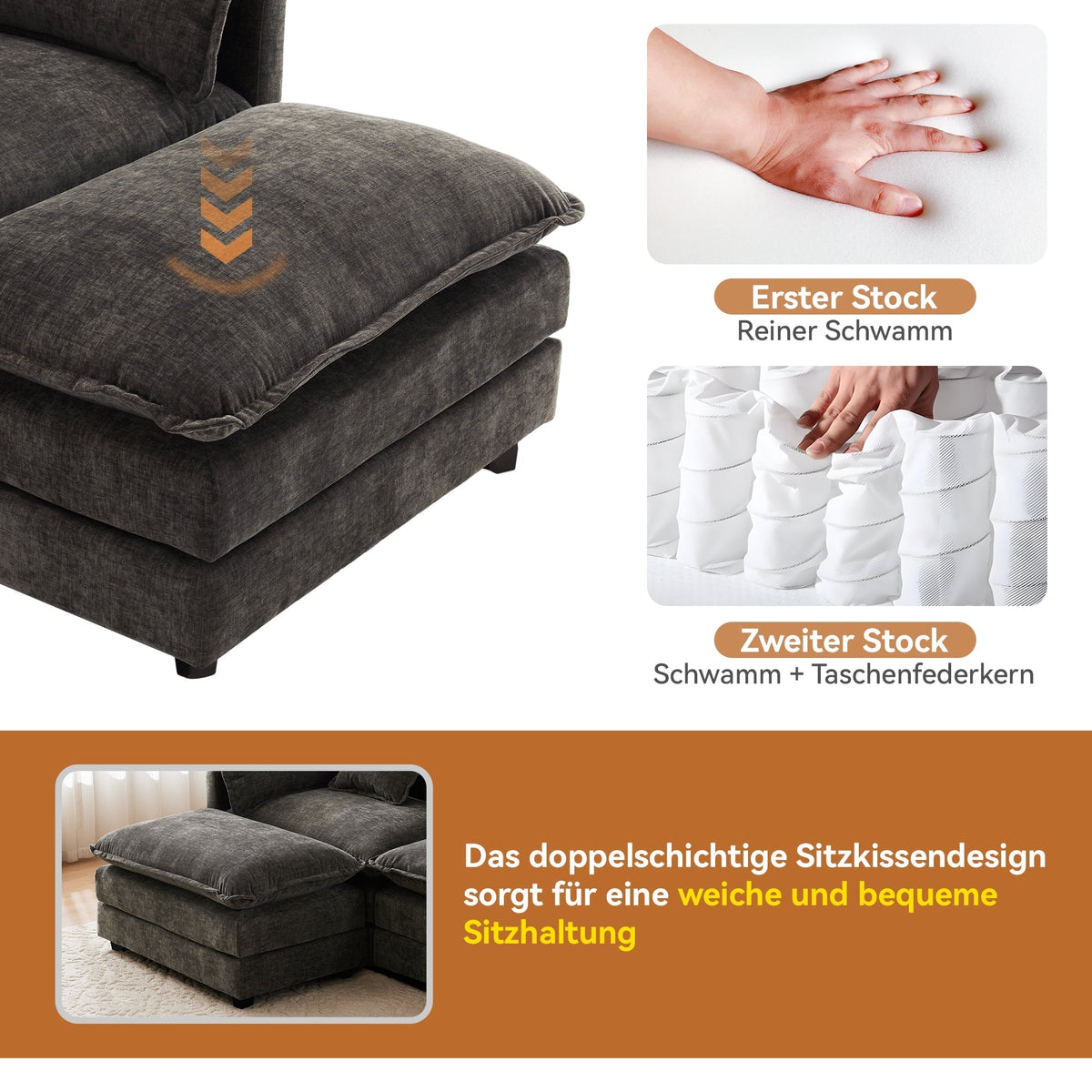 L-Shaped Corner Sofa with Footrest, 3-Seater Upholstered, Chenille Fabric