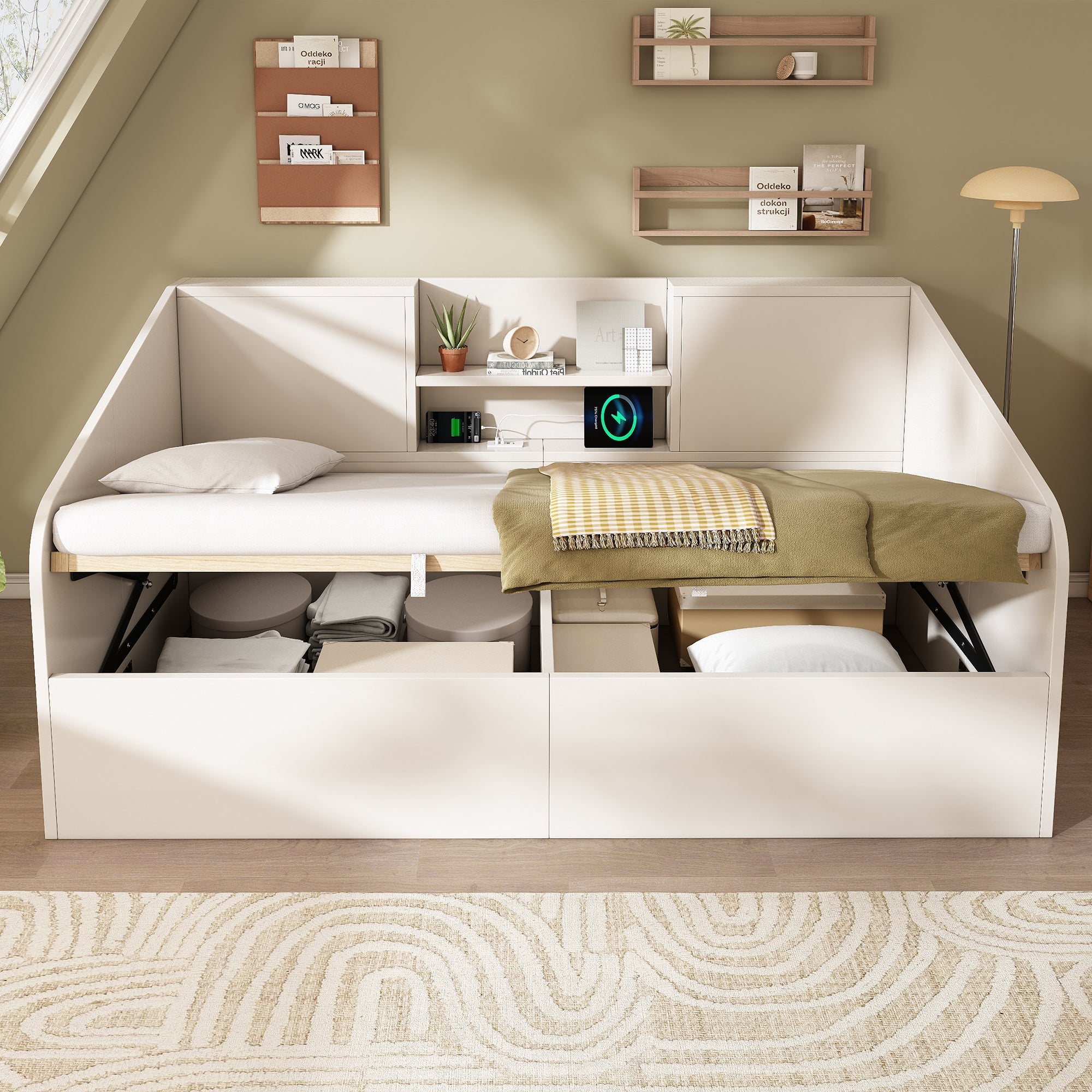 Daybed 90x200cm Hydraulic Storage USB/Type-C Charging - White Wood