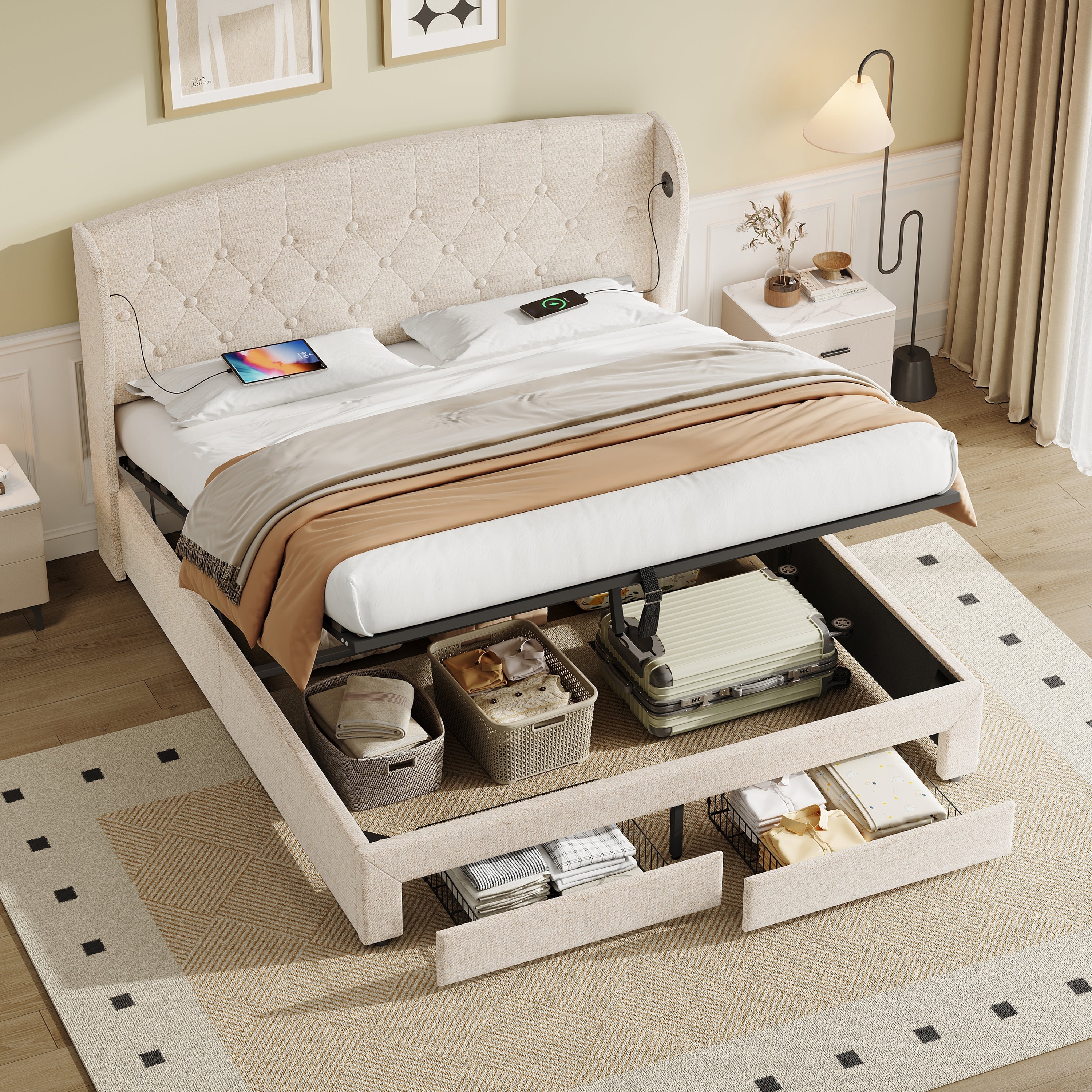 Double Upholstered Bed with Hydraulic and Drawers Storage, Charging Station, Linen, Beige