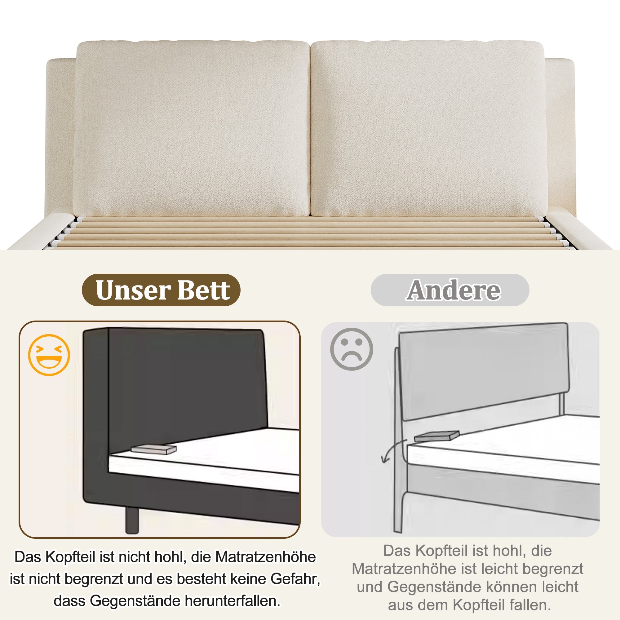 Upholstered Bed, Double 180x200cm, Hydraulic, Storage, Slatted Base, Beige Bouclé