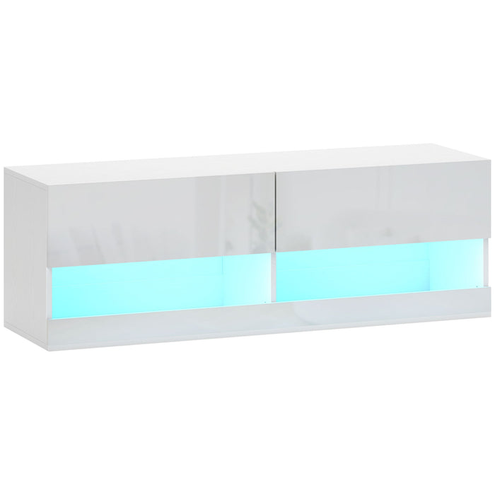Wall-Mounted TV Cabinet, LED Lighting, Open Shelves, High-Gloss White