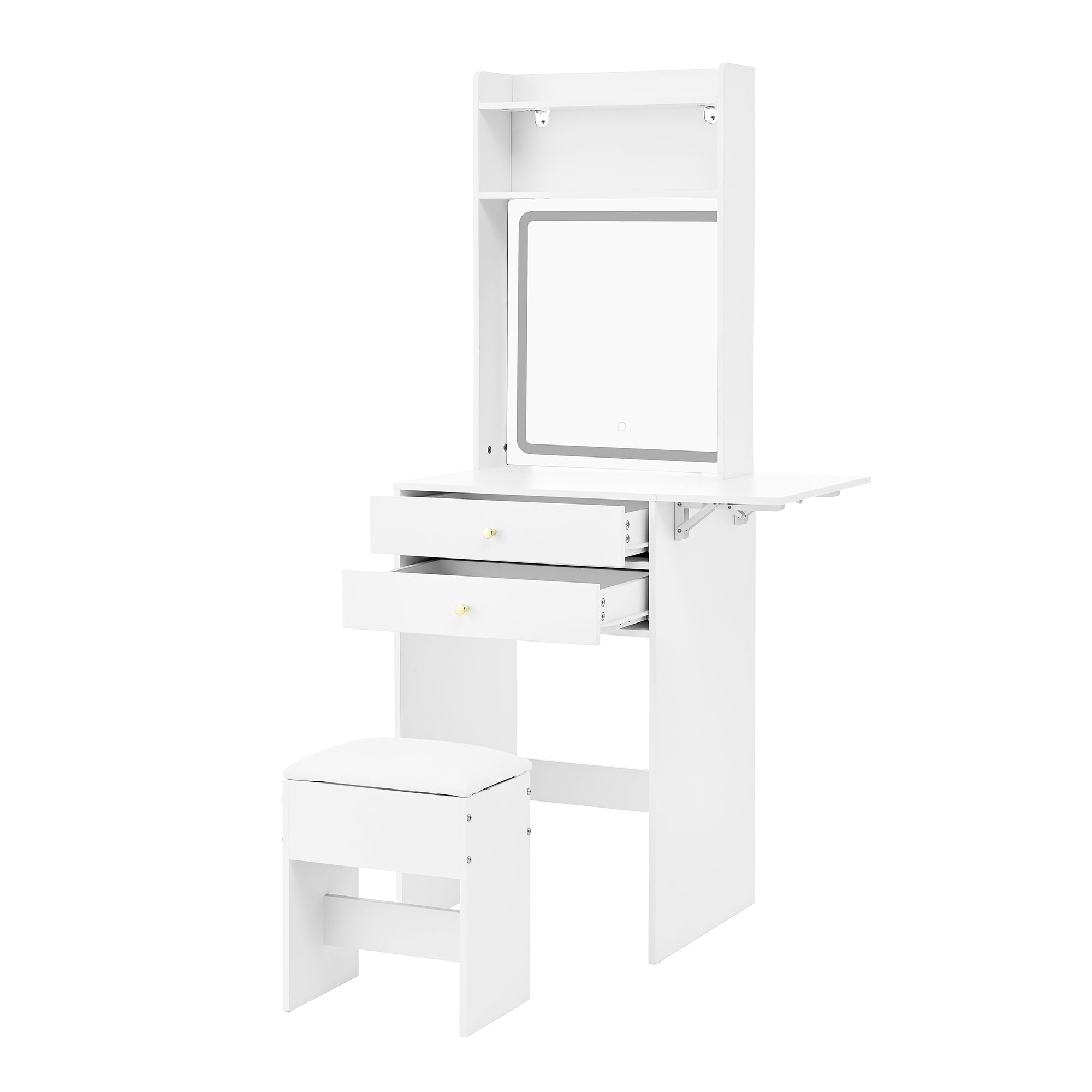 Small dressing table with adjustable LED lighting, stool, 2 drawers, 2 open compartments, and 22cm foldable tabletop, white