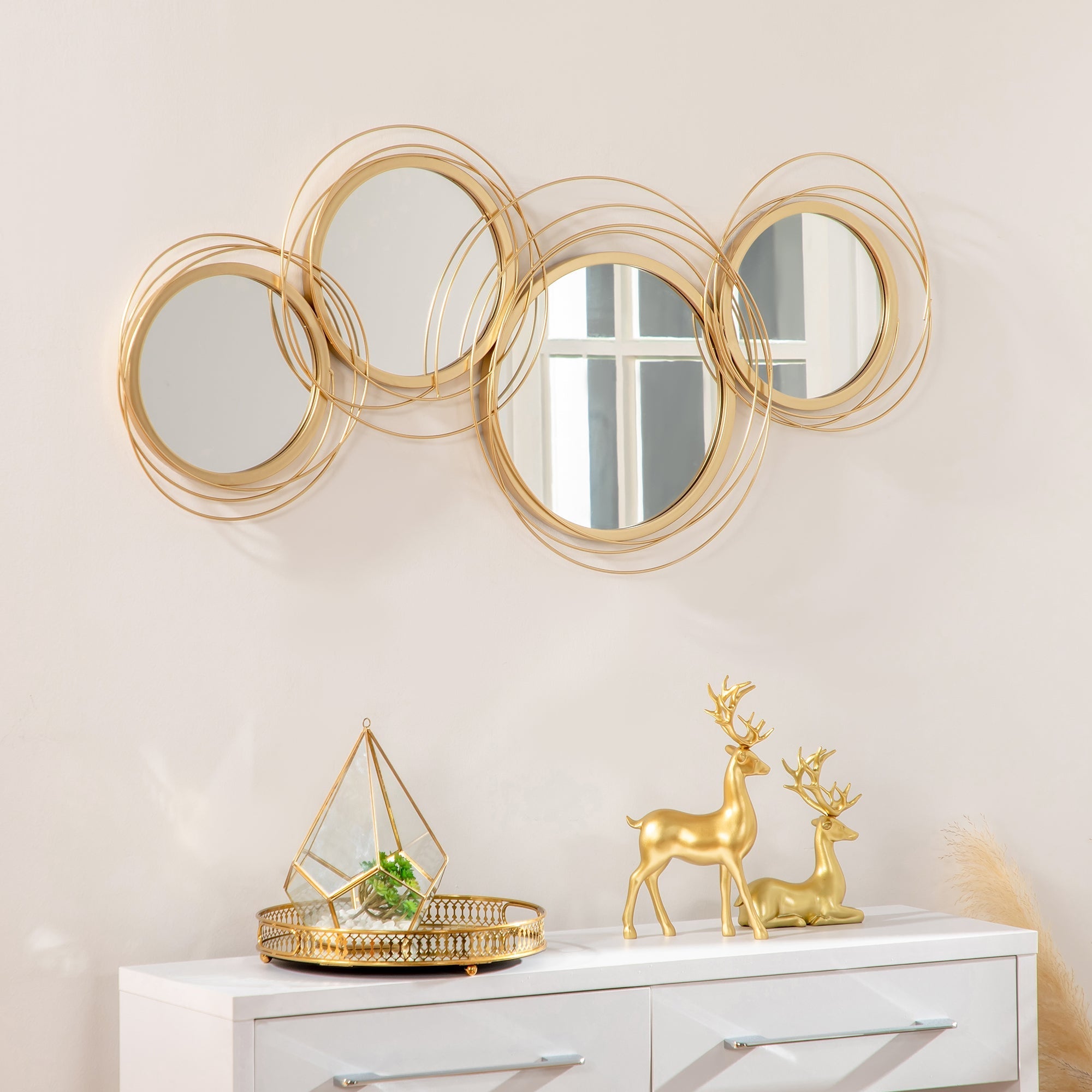 Mirror Set, 4 Round Mirrors Wall Decoration, Elegant Metal