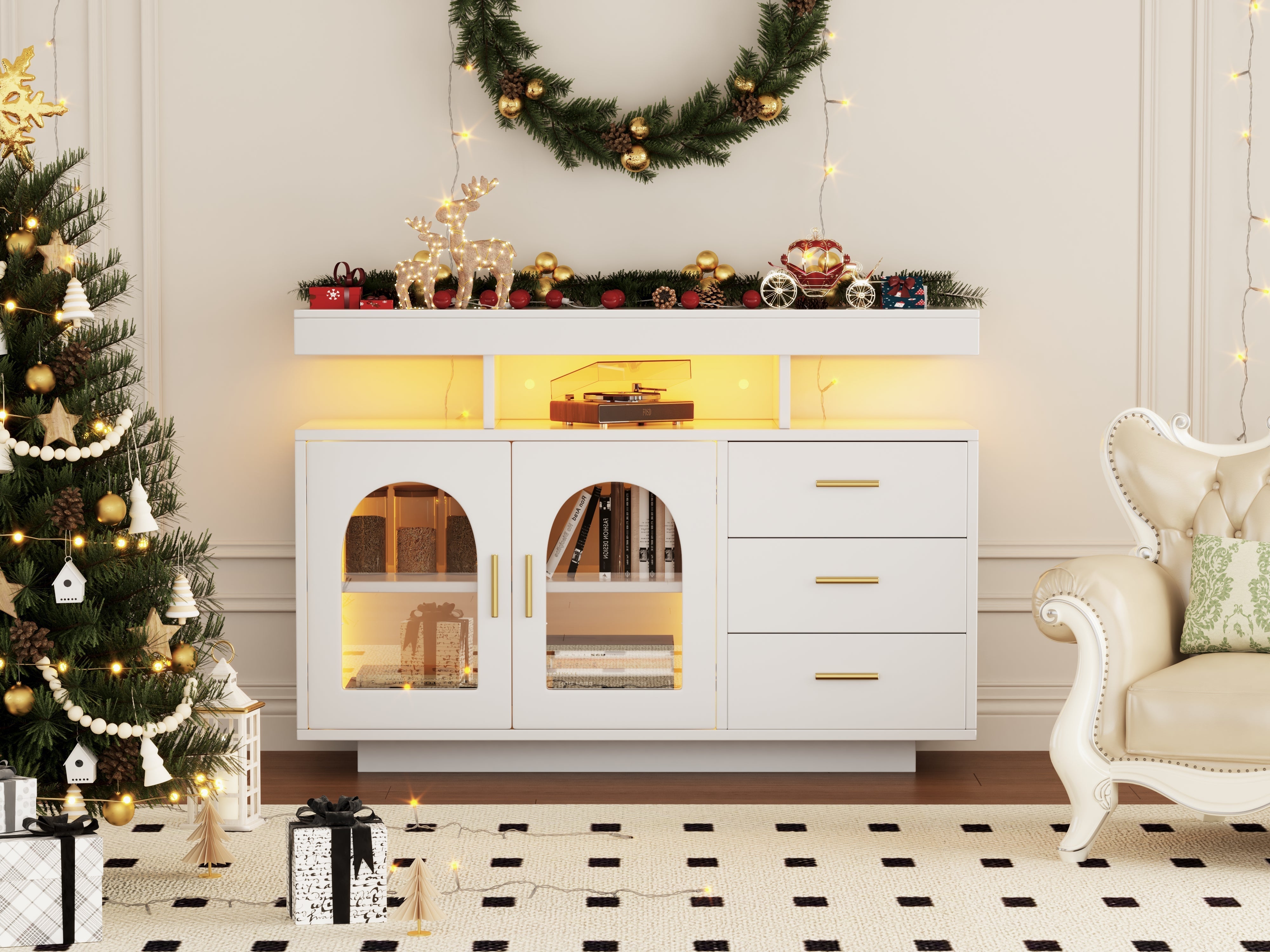 LED Sideboard Buffet 120cm High Gloss Coffee Bar Drawer Cabinet 16 Color Lights White