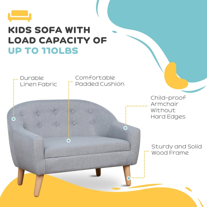 Children's Armchair 2 Seater Mini Sofa Wood Frame Grey