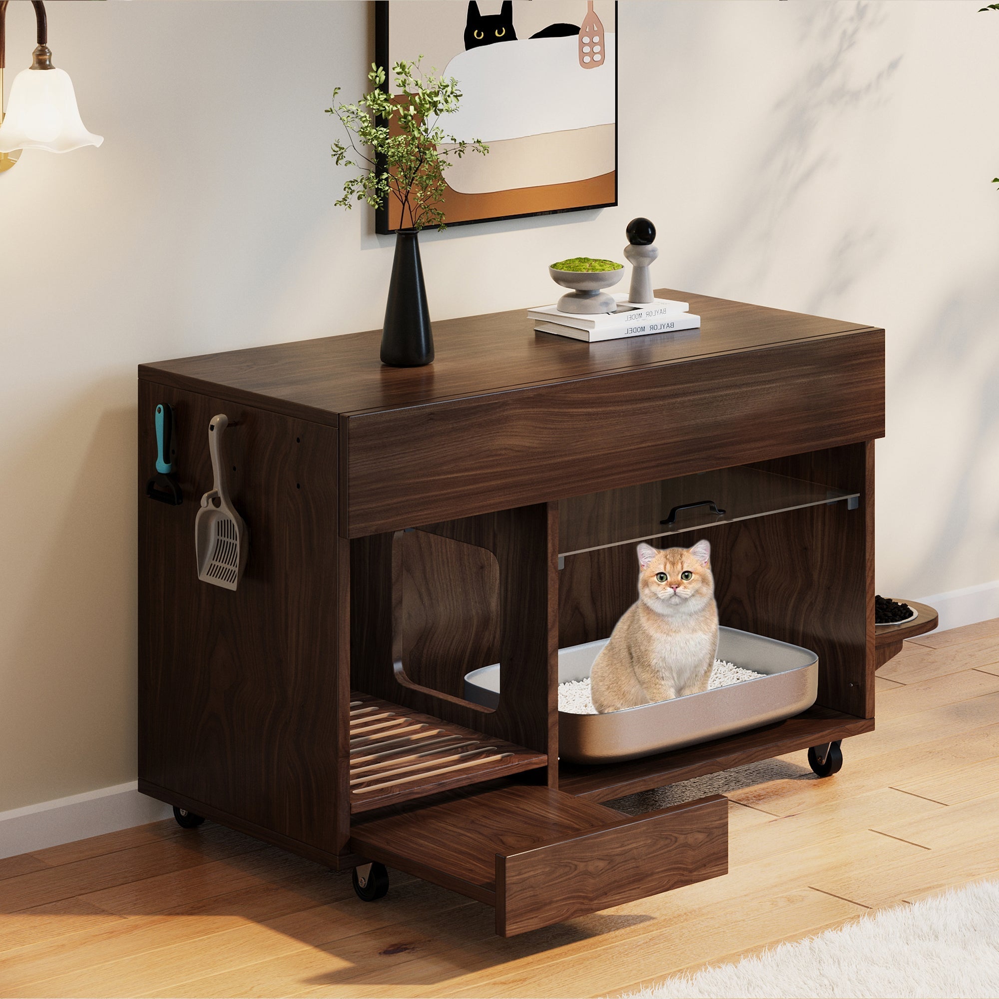 Mobile Cat Litter Box Cabinet with Food Bowls, Sand Tray, Pegboard - Walnut