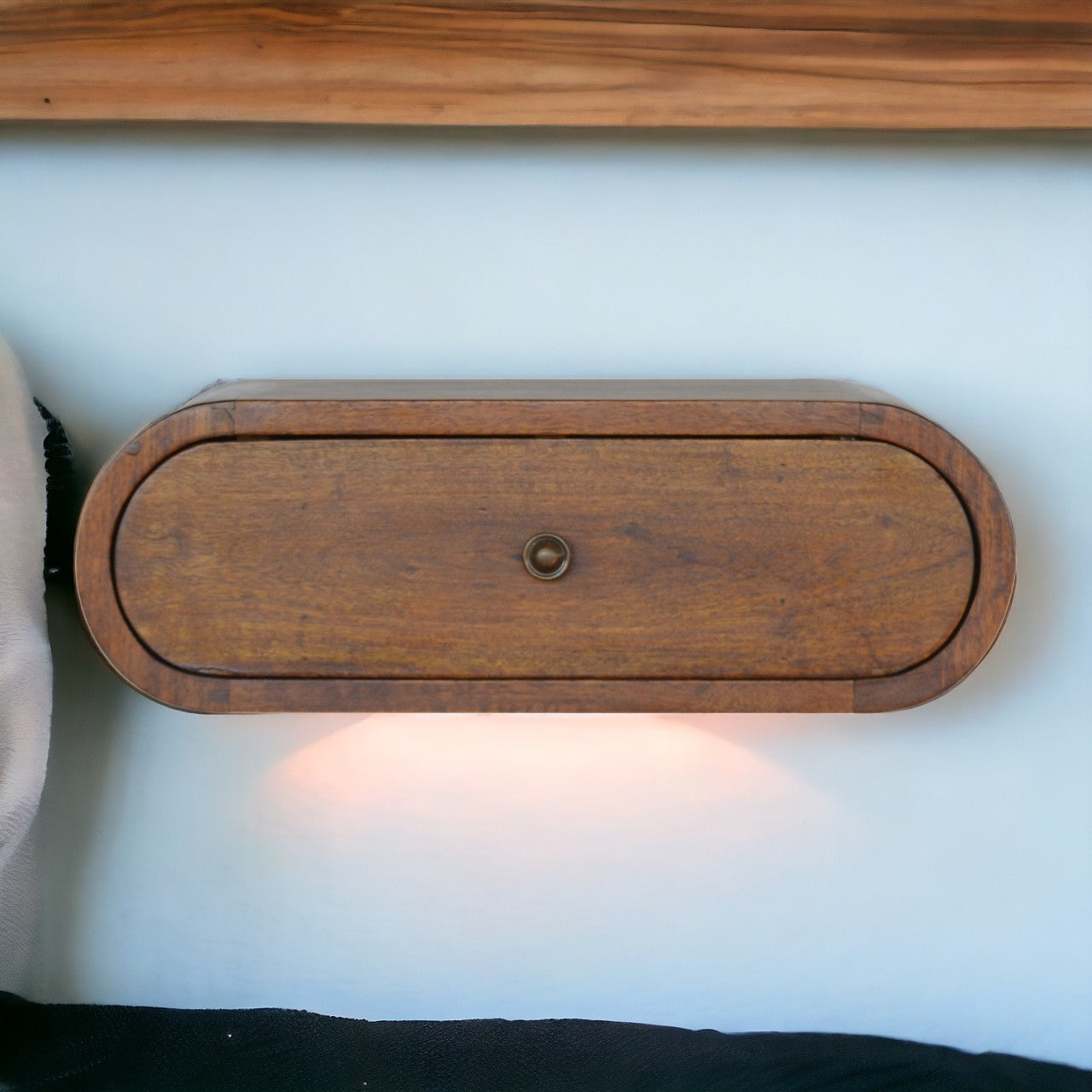 Bedside, Wall Mounted Round 1 Drawer, Solid Wood Brown