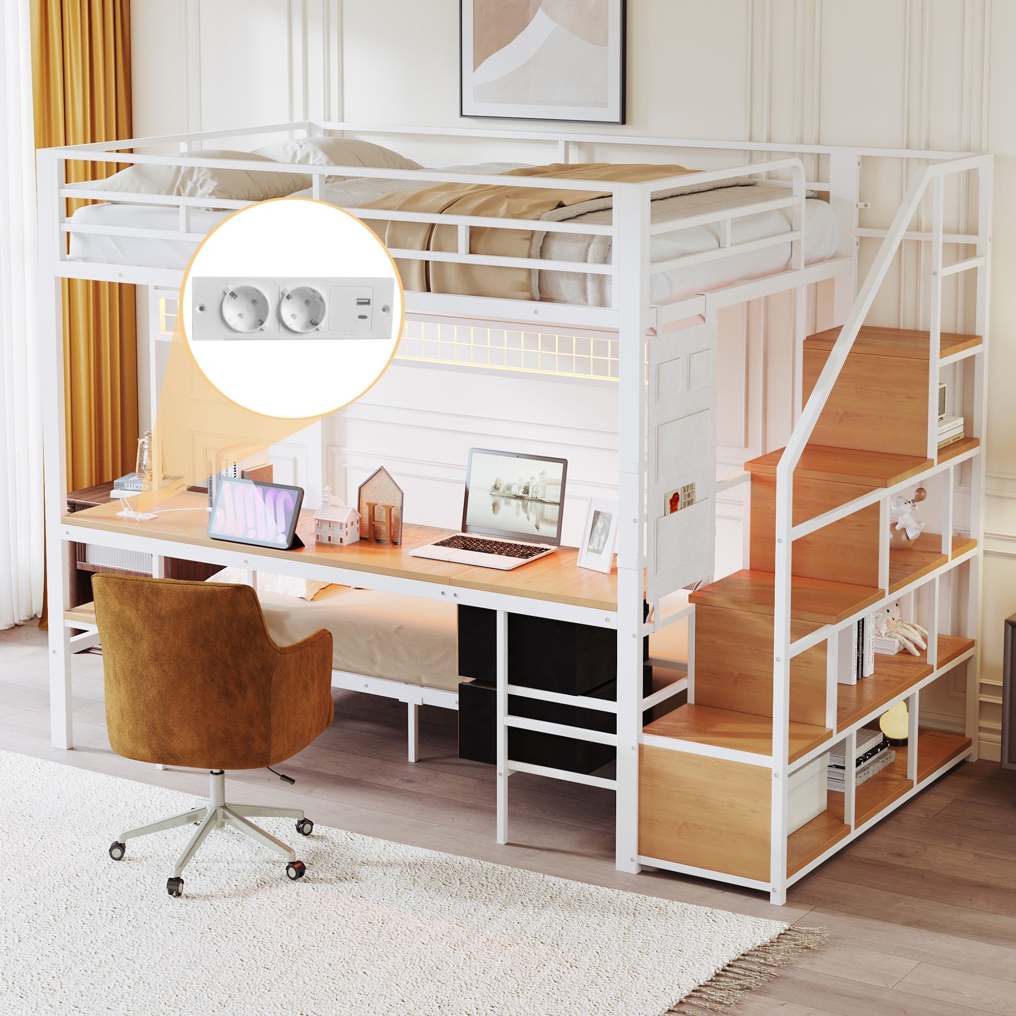 Metal Loft Bunk Bed with Desk LED Storage 140x200/90x200 White