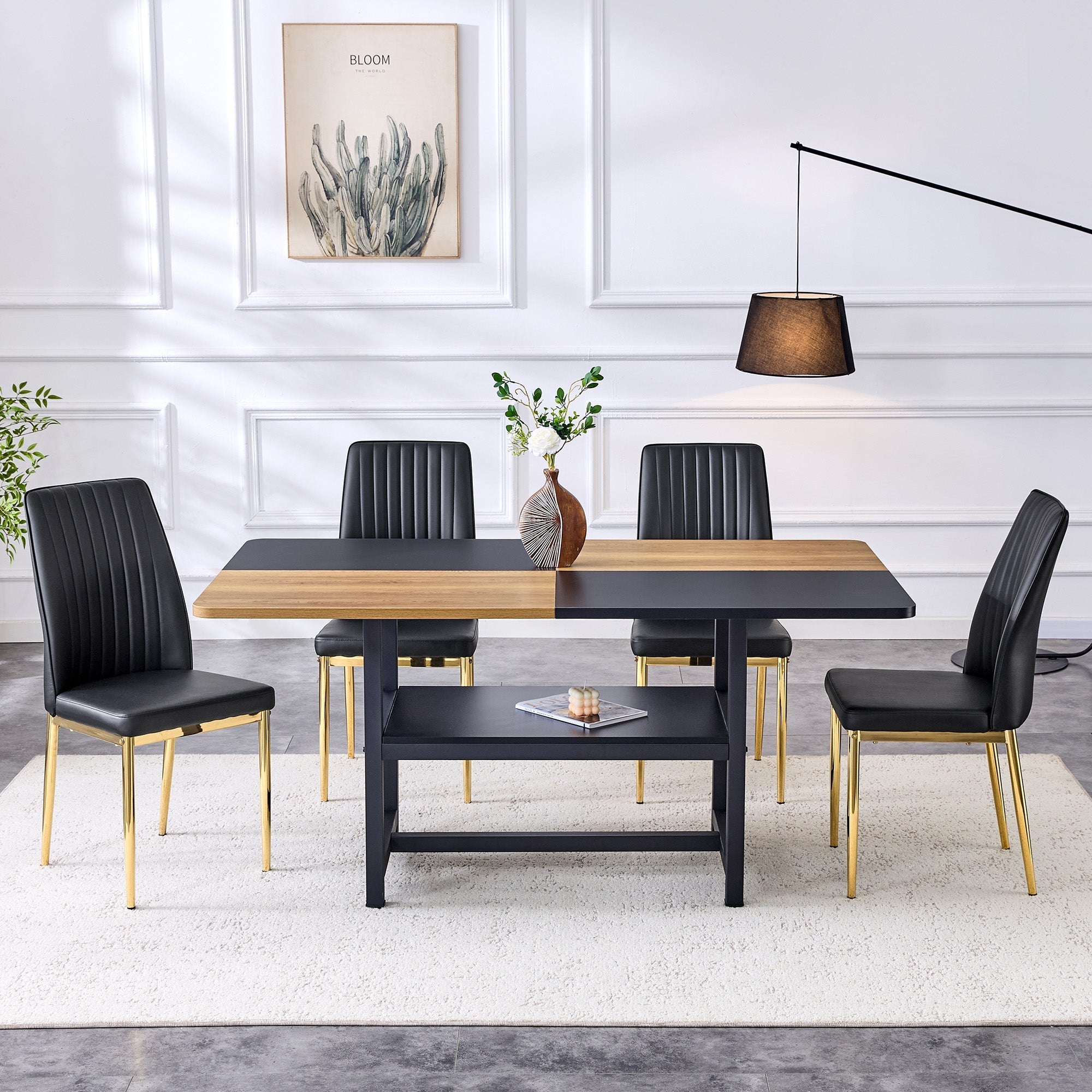 Dining Table Set Modern Minimalist Round Glass Table 4 Chairs - Faux Leather Black