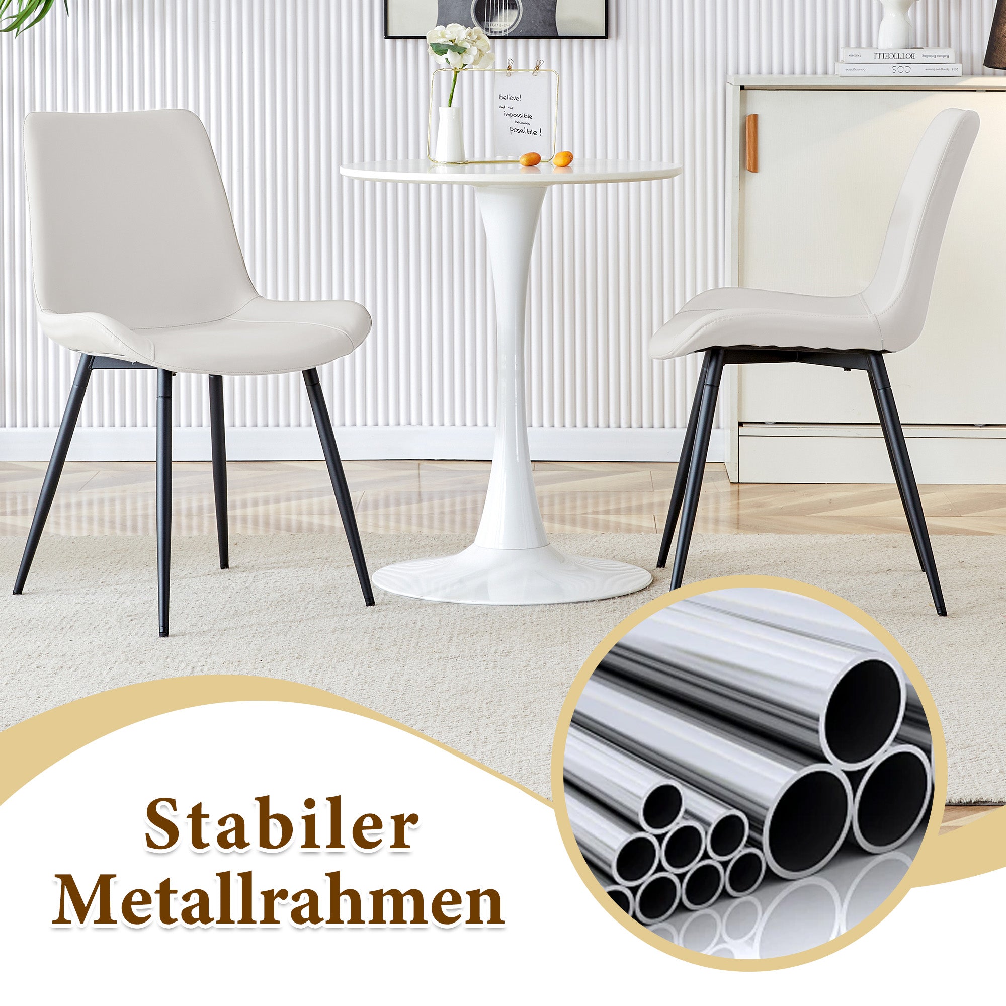 Round Dining Table Set Minimalist 100cm with 4 PU Chairs - Black Wood Look/White