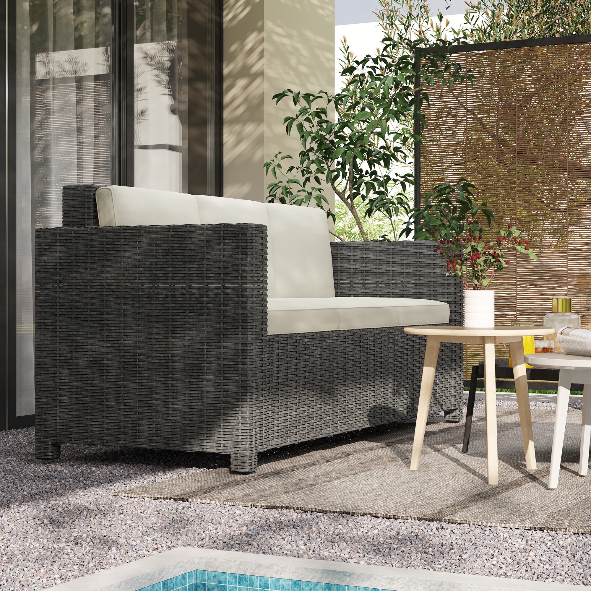 3 Seater Rattan Sofa, All-Weather Wicker Metal Frame with Fire Resistant Cushion, Cream