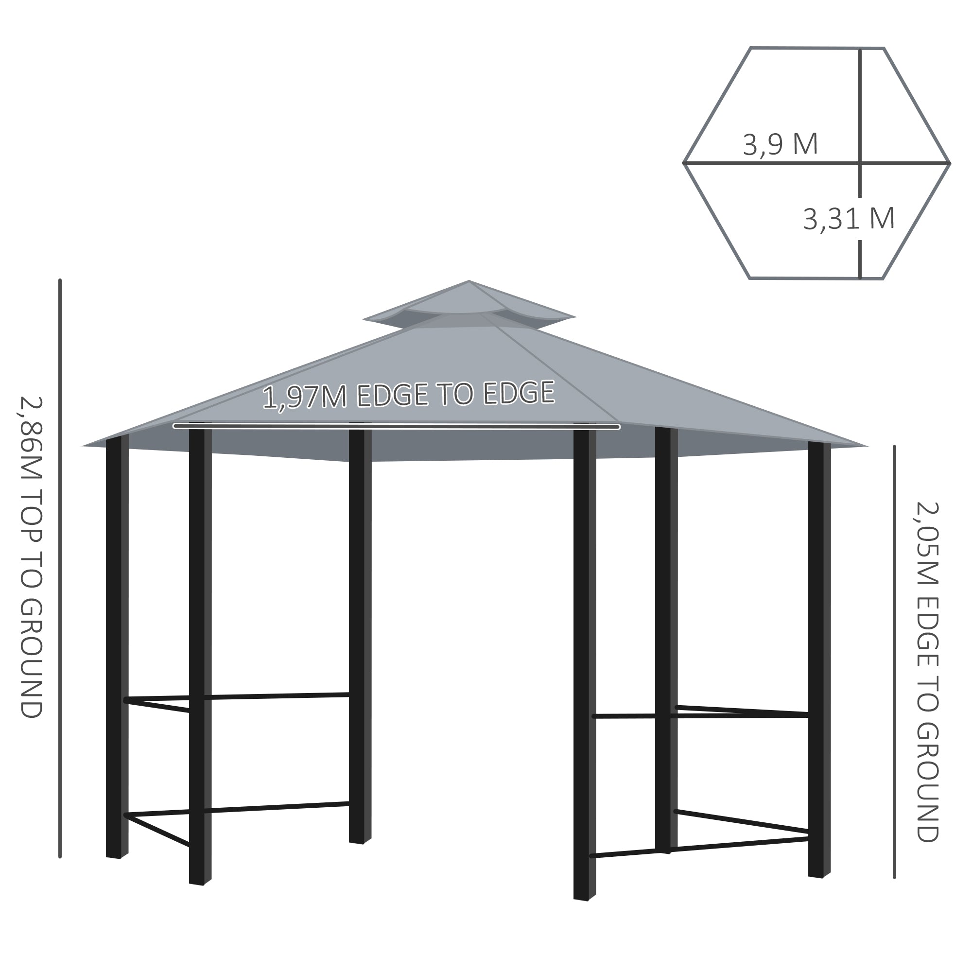 Hexagon Gazebo Patio Tent 3x3m w/ 2 Tier Roof & Side Panel - Grey
