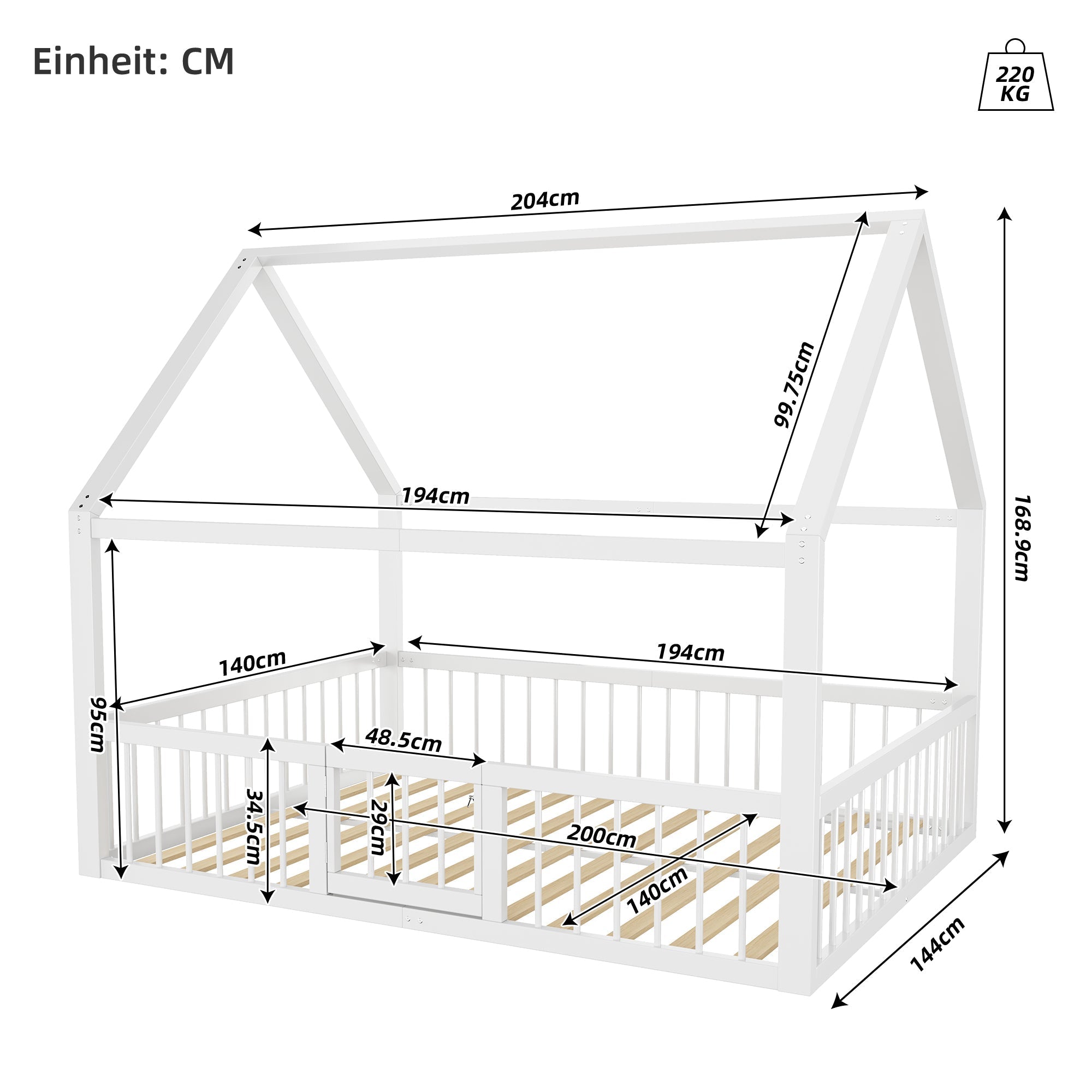 Children's Metal Bed 140x200cm House Design with Railing - White