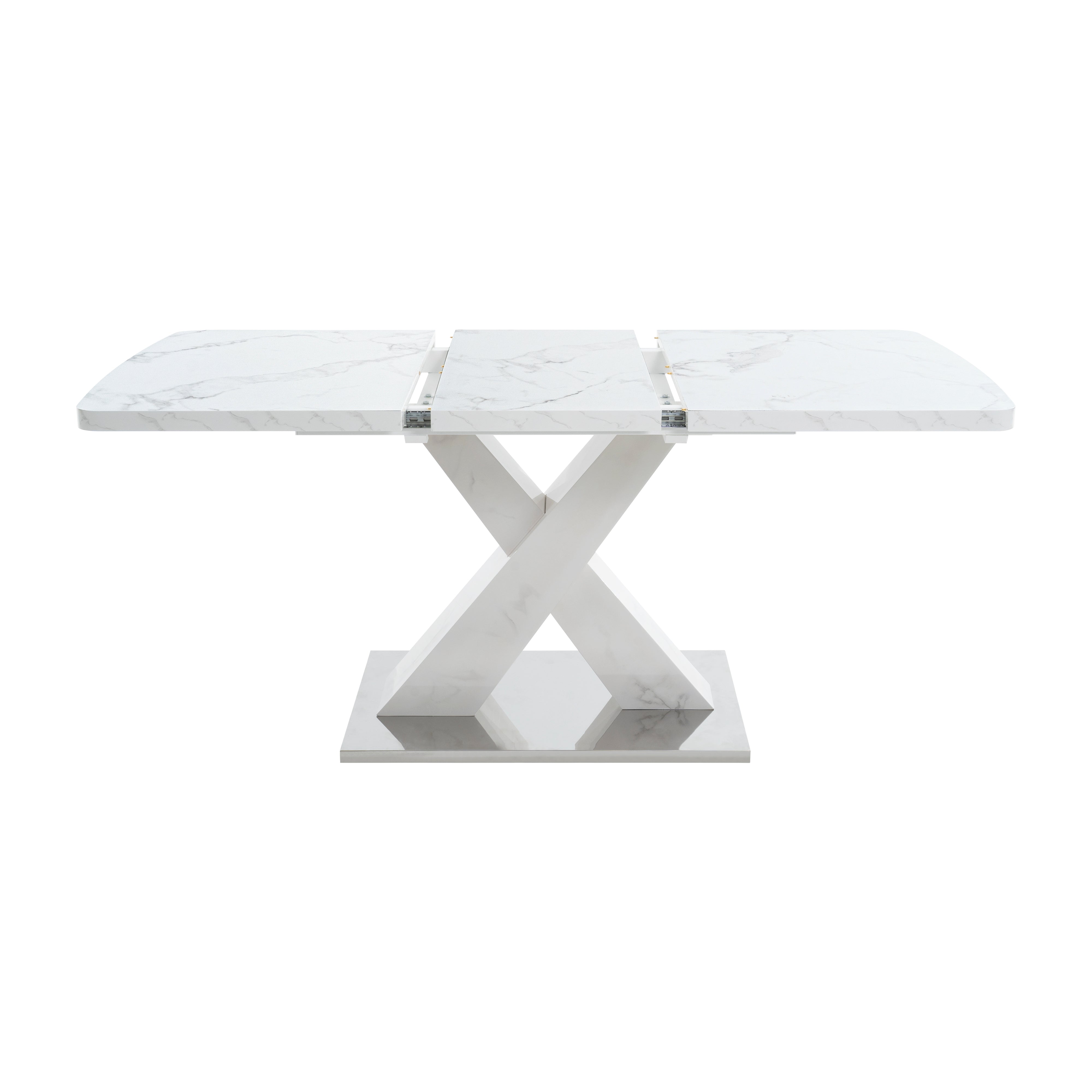Dining Table 120-160CM Stretchable Modern Rectangle Marble Top, White/MDF/Metal Base