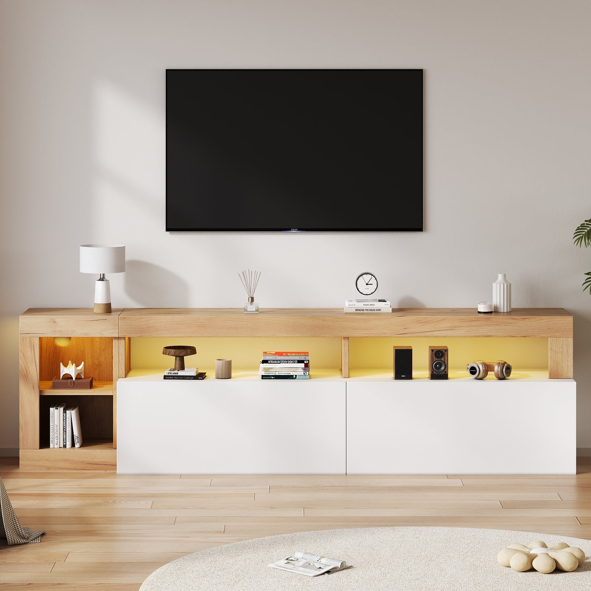 Modern TV Cabinet, 80 Inch, Open Storage, LED Light, Wooden Frame White