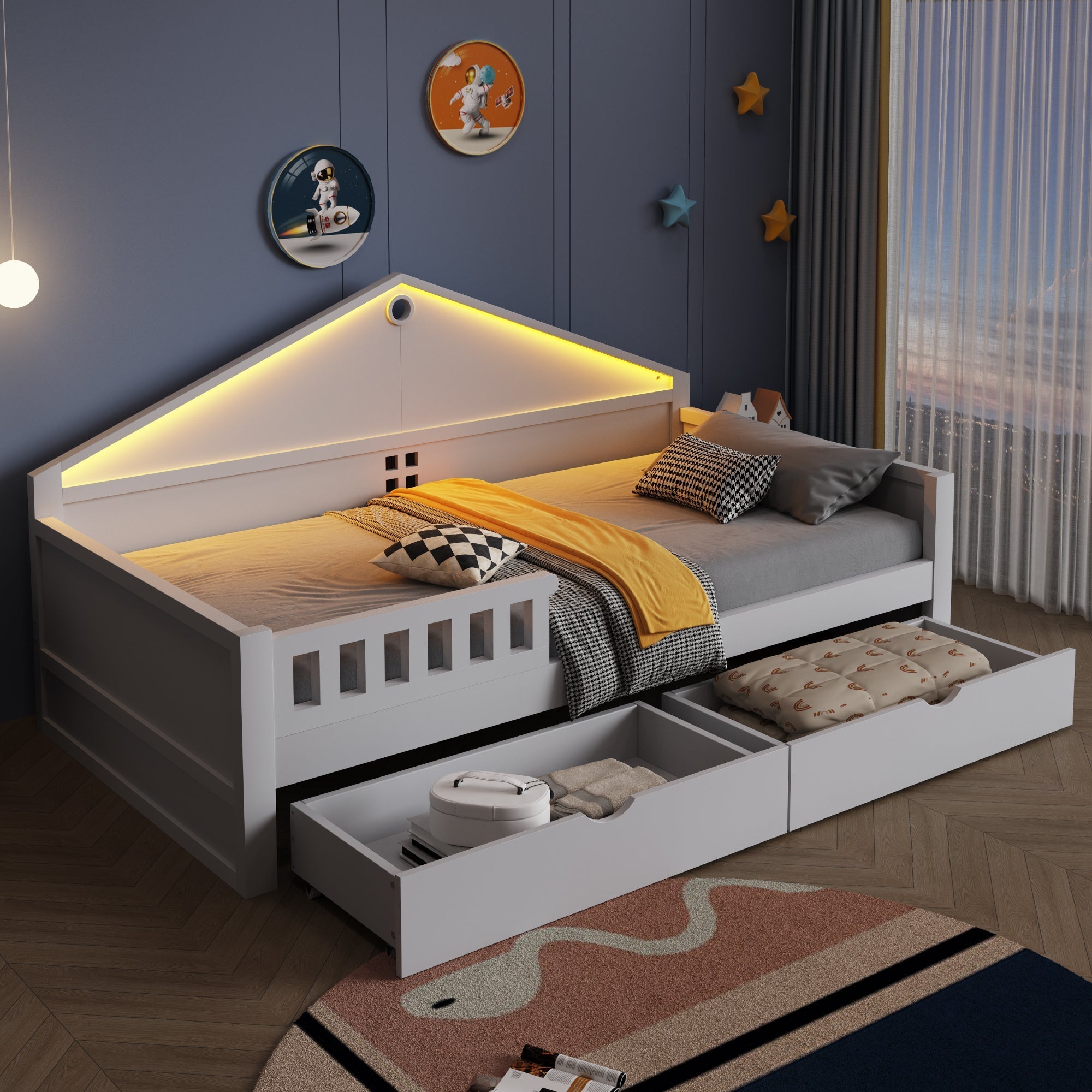 Children's Bed 90x200 cm with LED Light Strip and Storage Drawers, White