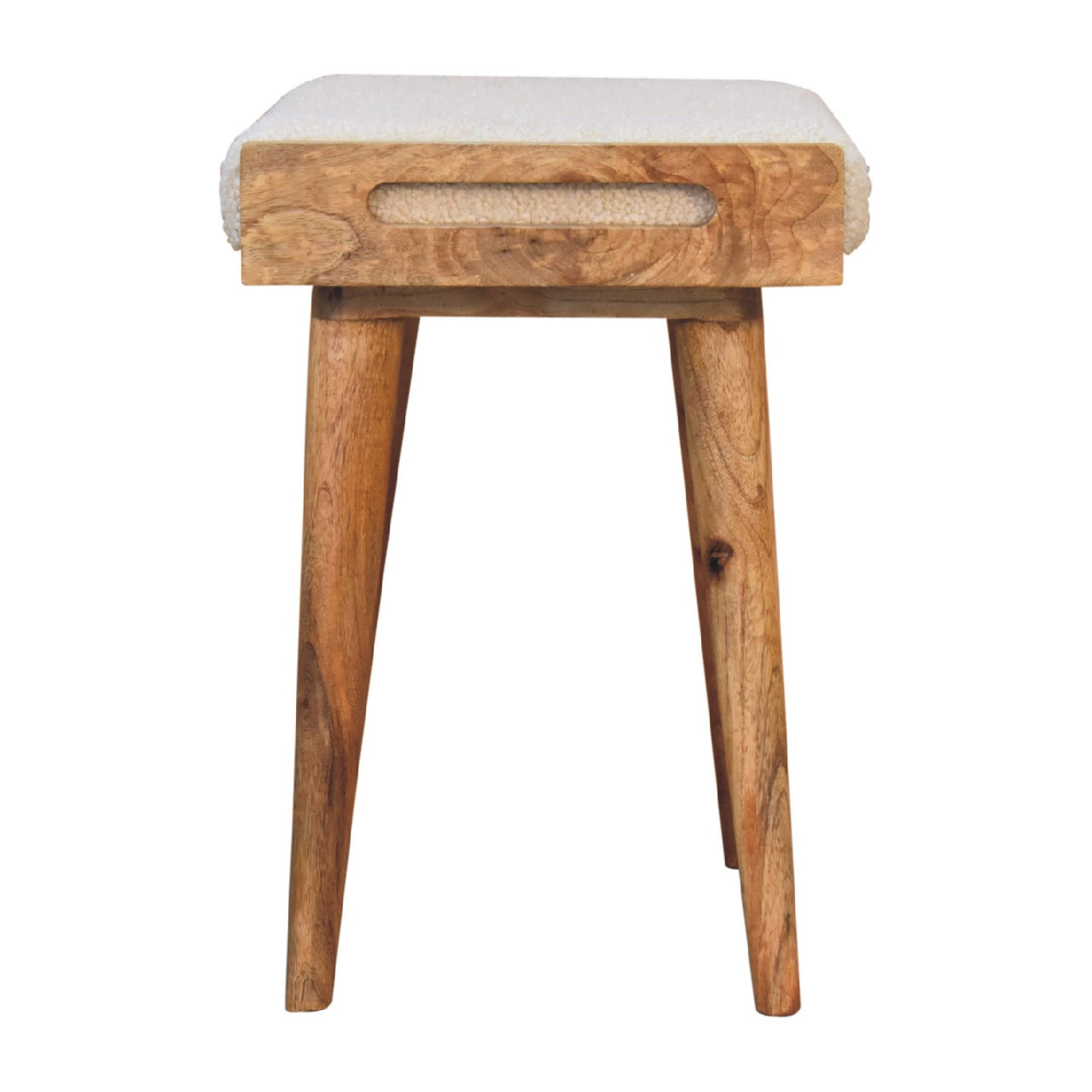 Solid Wood Footstool, Upholstered Tray Style Nordic Legs, Boucle Cream/Beige and Brown