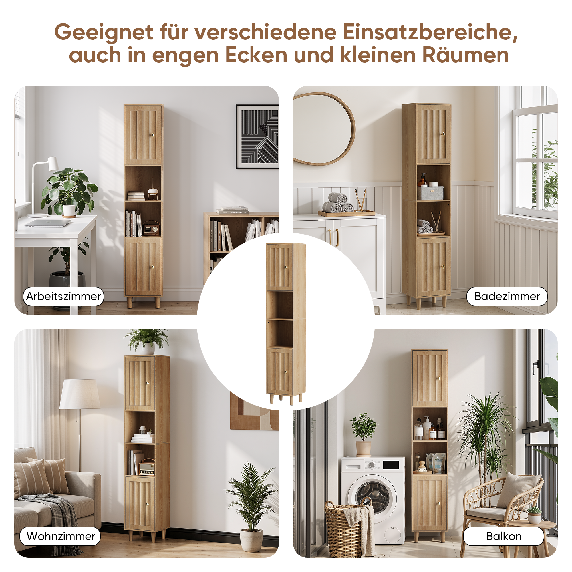 Tall Cabinet Washing Machine Cabinet with Doors and Open Shelves, Narrow Freestanding Storage, Oak Look