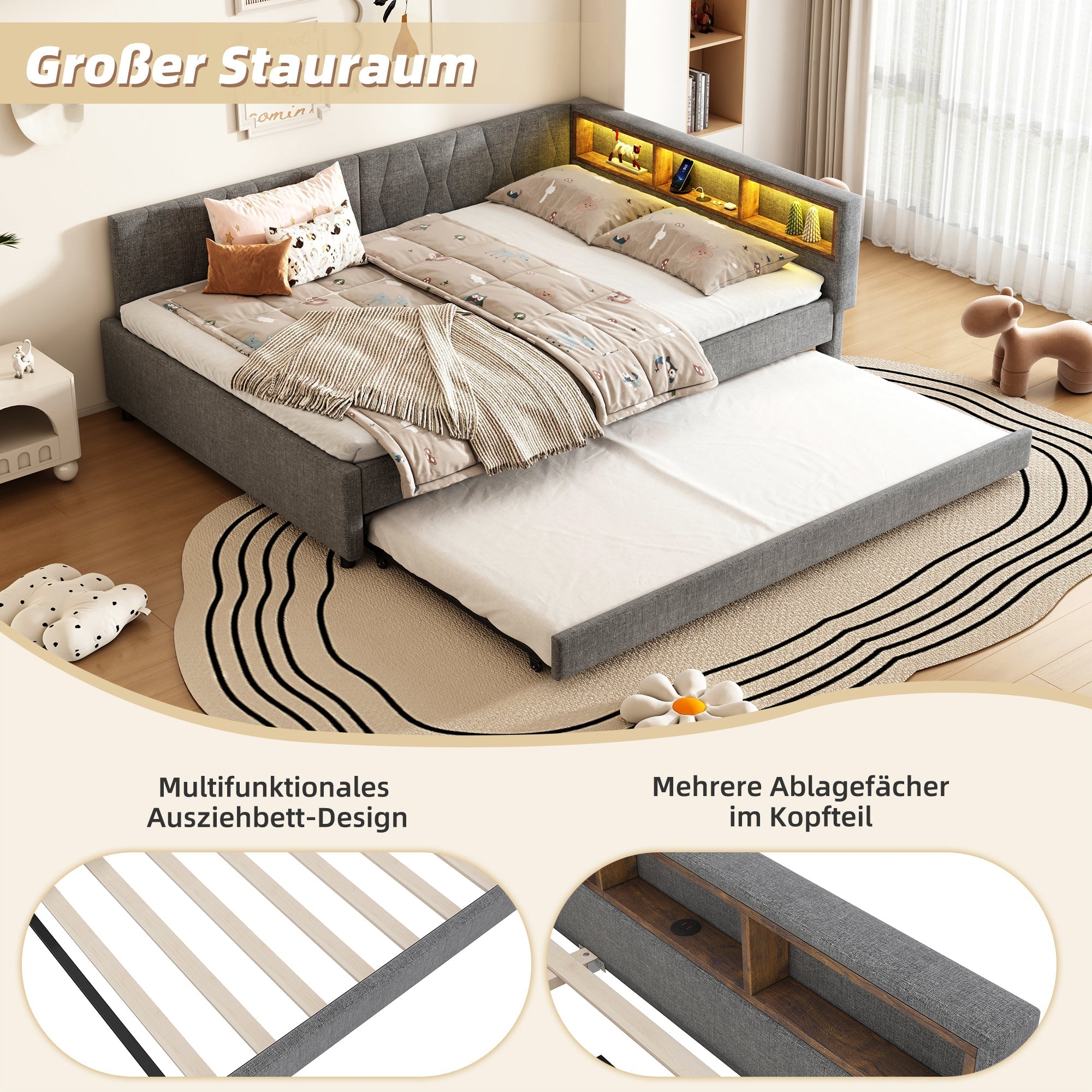 Daybed 140x200cm with Pull-out Bed, Storage, USB and LED, Grey Linen