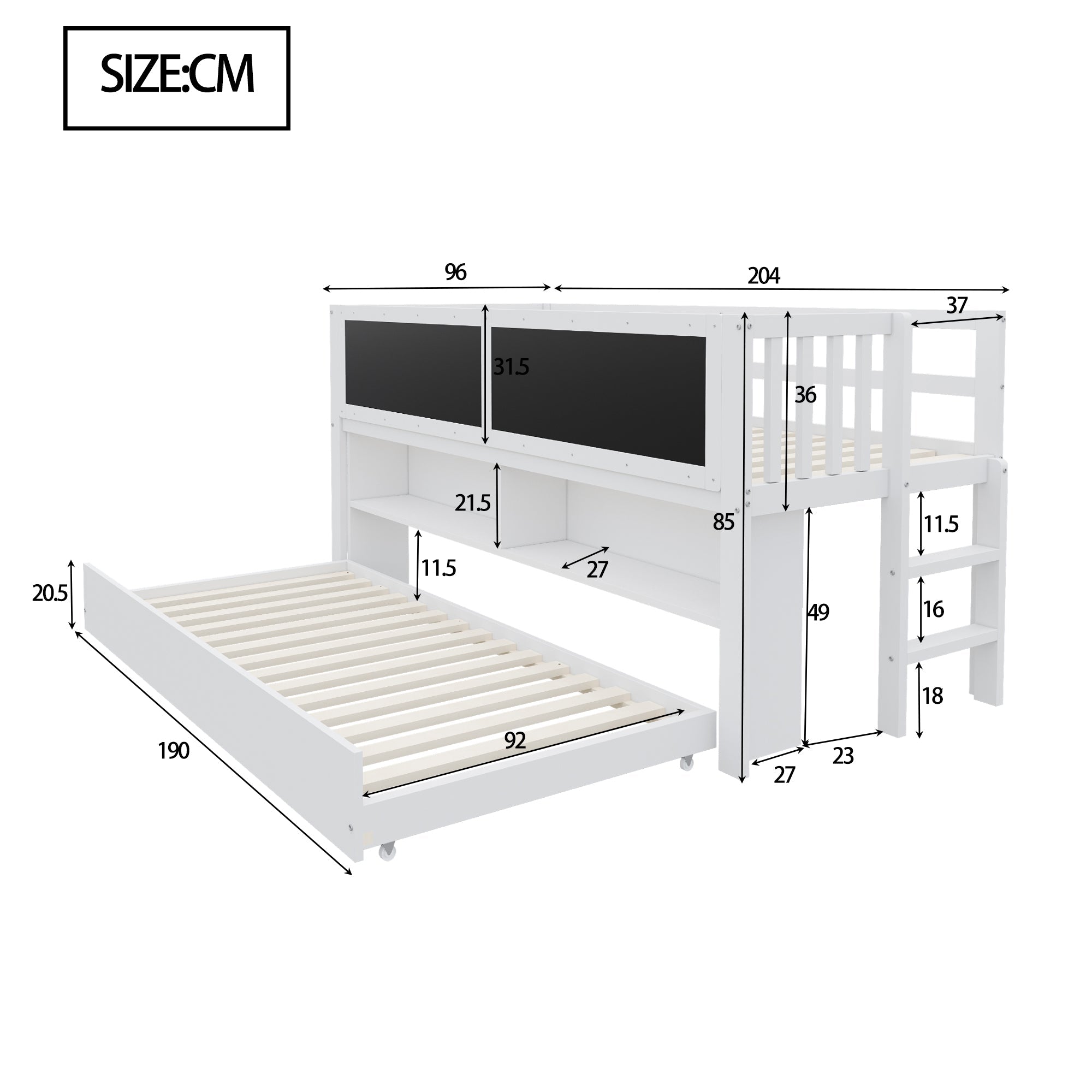 Children's House Bed 90x200 Extendable Chalkboard Storage Climbing Ladder - Solid Wood White