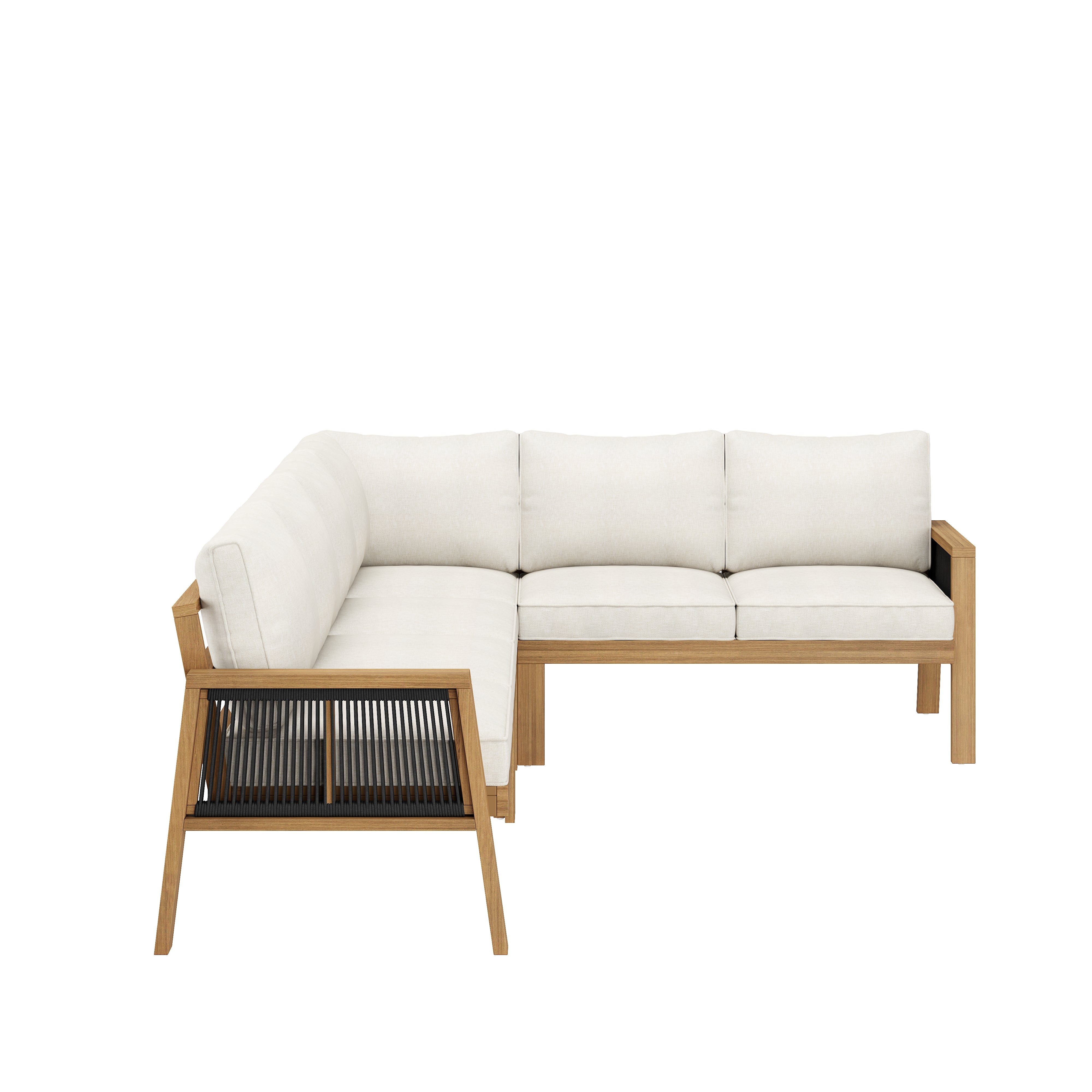 Garden Furniture Set with Corner Sofa and Coffee Table, Acacia Wood and Woven Rope, Natural and Cream
